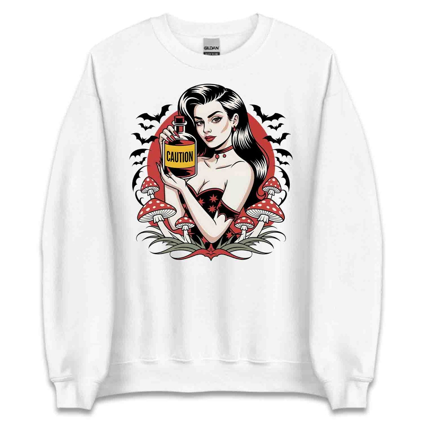 Sexy Gothic Witch Pin-Up T-Shirt, Retro Tattoo Poison & Bats Sweatshirt, Dark Halloweencore Magic Hoodie | PRODUCT CODE: SXCRTGHPN