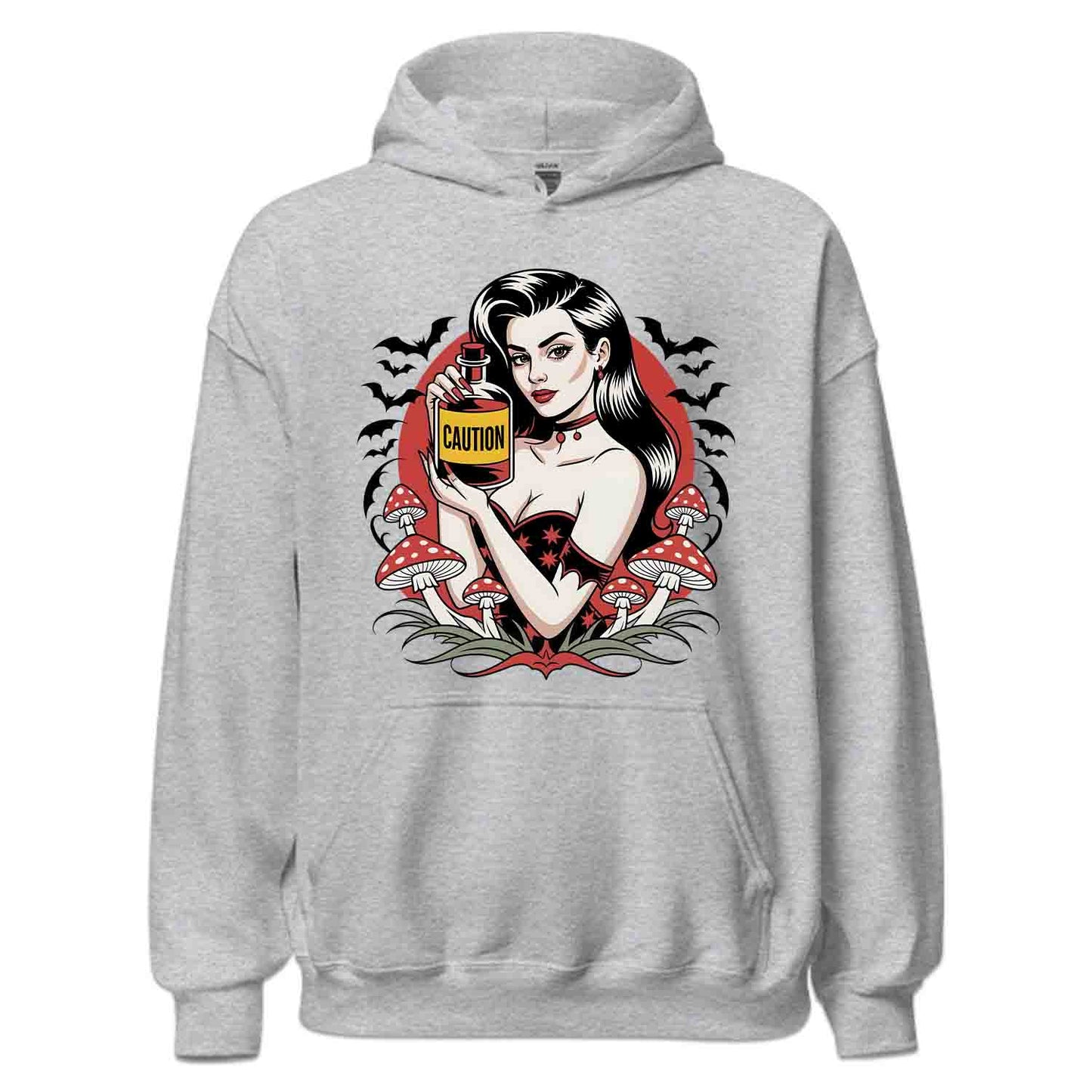 Sexy Gothic Witch Pin-Up T-Shirt, Retro Tattoo Poison & Bats Sweatshirt, Dark Halloweencore Magic Hoodie | PRODUCT CODE: SXCRTGHPN