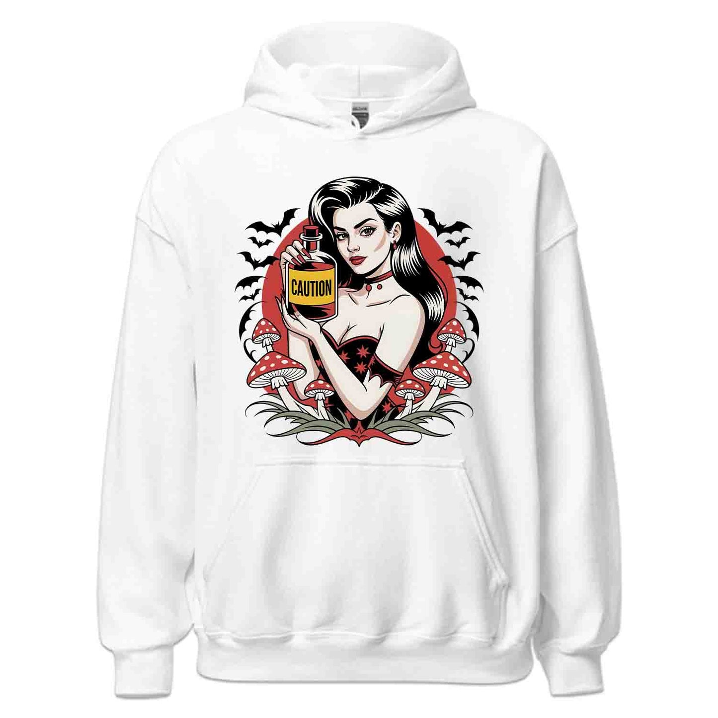 Sexy Gothic Witch Pin-Up T-Shirt, Retro Tattoo Poison & Bats Sweatshirt, Dark Halloweencore Magic Hoodie | PRODUCT CODE: SXCRTGHPN