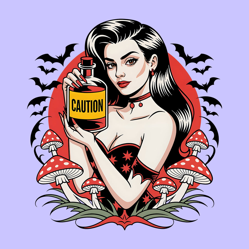 Sexy Gothic Witch Pin-Up T-Shirt, Retro Tattoo Poison & Bats Sweatshirt, Dark Halloweencore Magic Hoodie | PRODUCT CODE: SXCRTGHPN