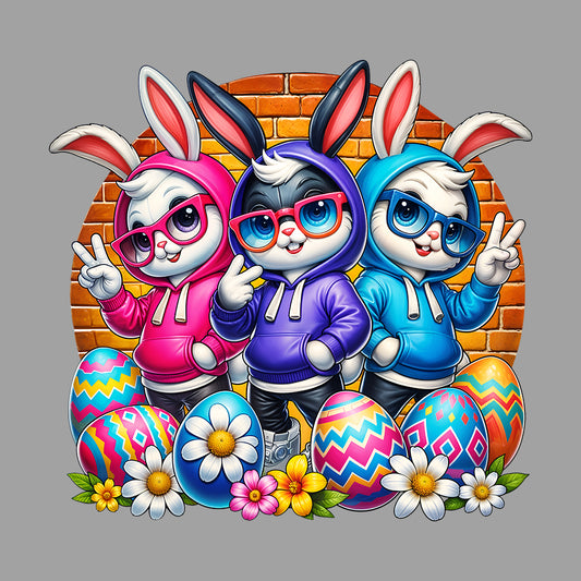 Stylish Bunny Trio Cute Rabbits with Glasses Vibrant Easter Bunnies | PRODUCT CODE: SYTYNBUTROAG