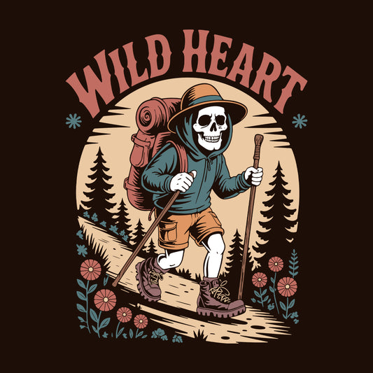 Wild Heart Skeleton Hiker T-Shirt, Hoodie & Sweatshirt | Gothic Trekking, Forest Adventure for Nature Lovers | PRODUCT CODE: WQWHJGHJSA