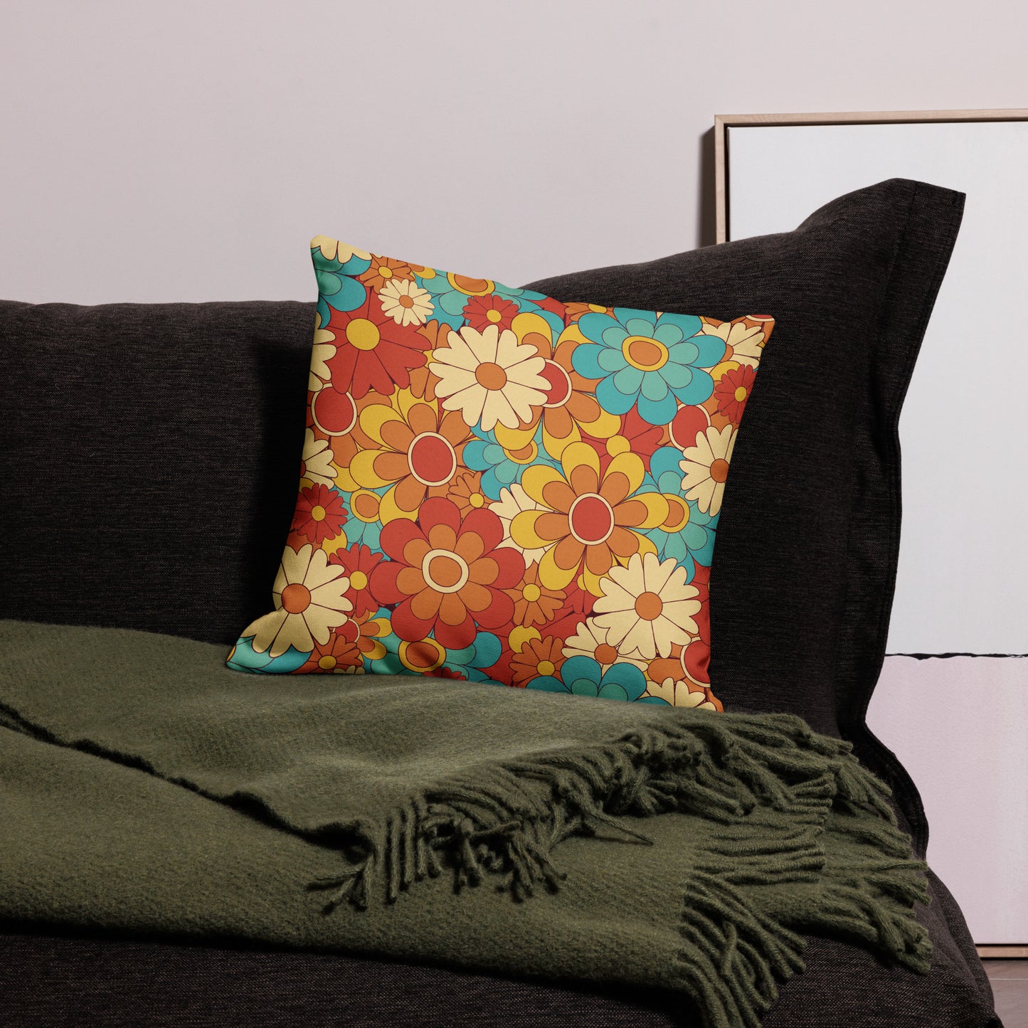 Vintage Retro Colors Groovy Floral Pattern All-Over Print Premium Pillow
