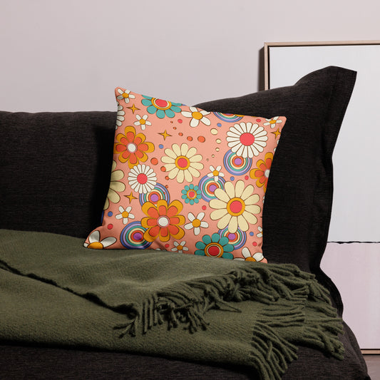 Vintage Retro Colors Groovy Psychedelic Flowers Pattern All-Over Print Premium Pillow