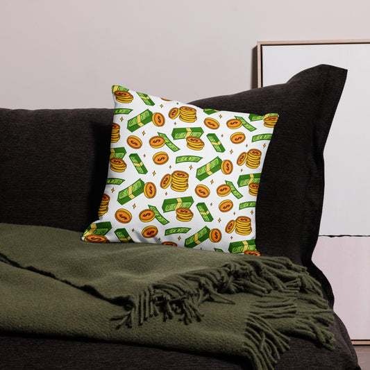 Money Rain Green Dollar Banknotes And Gold Coins Falling Down Pattern All-Over Print Premium Pillow