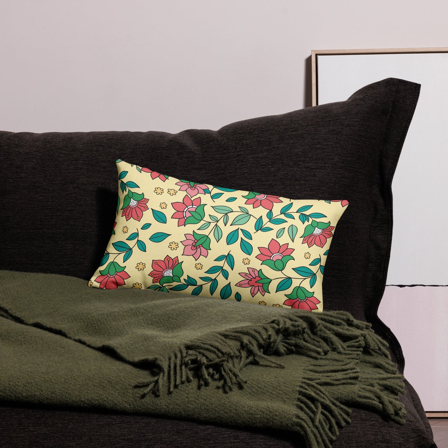 Elegant Flower And Leaves Decorative Pattern All-Over Print Premium Pillow