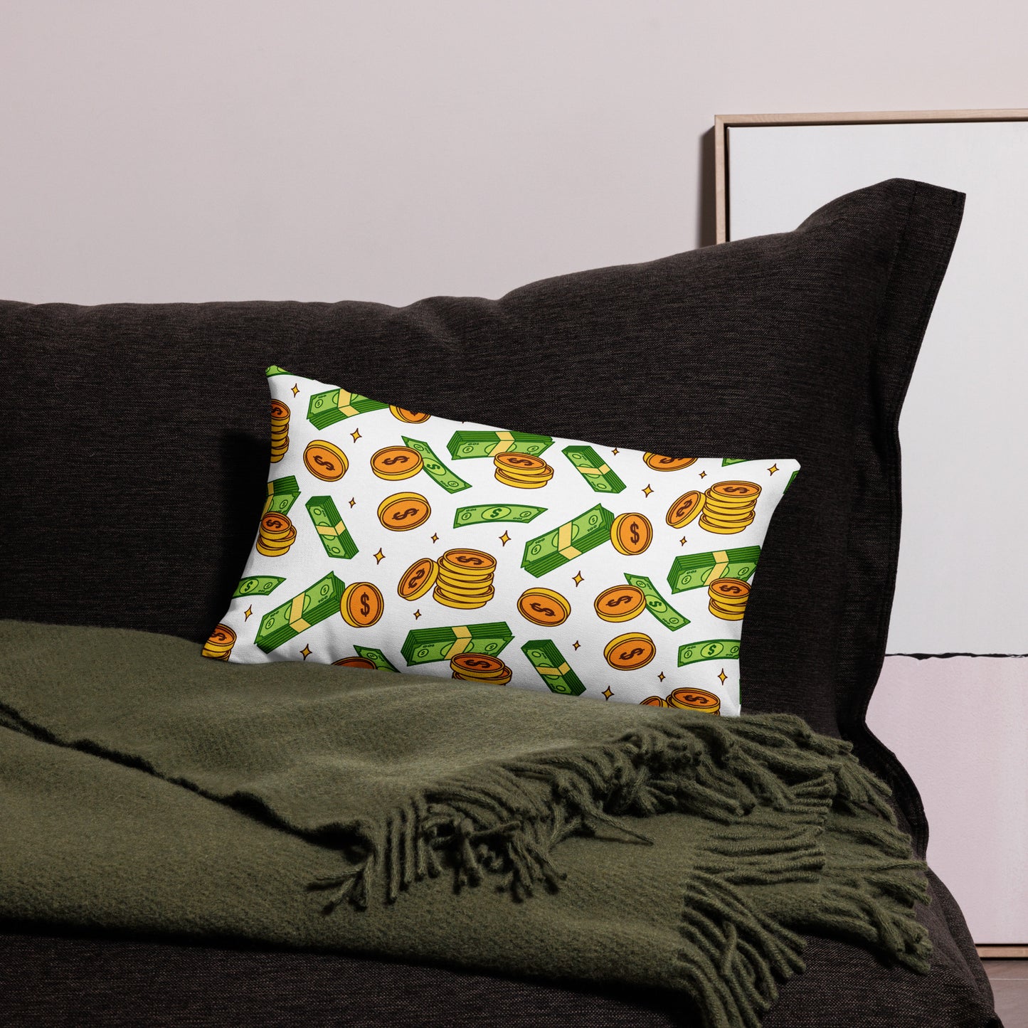 Money Rain Green Dollar Banknotes And Gold Coins Falling Down Pattern All-Over Print Premium Pillow