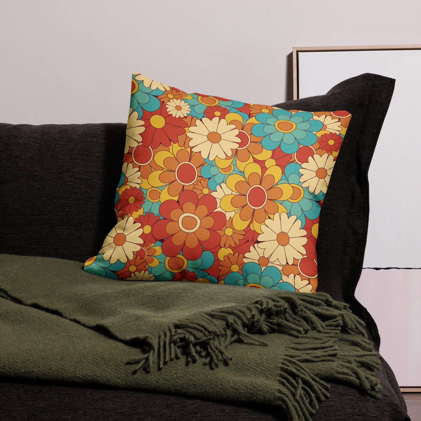 Vintage Retro Colors Groovy Floral Pattern All-Over Print Premium Pillow