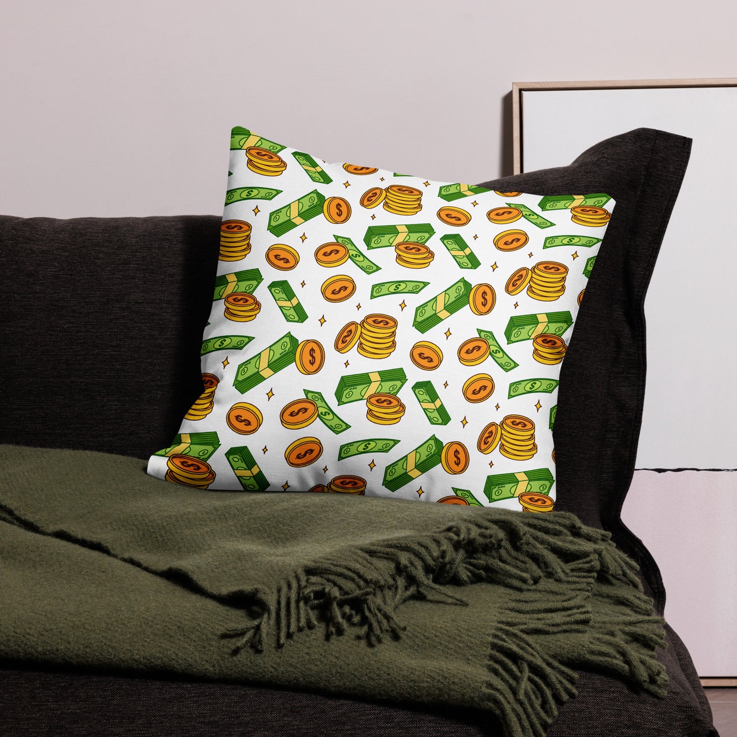 Money Rain Green Dollar Banknotes And Gold Coins Falling Down Pattern All-Over Print Premium Pillow
