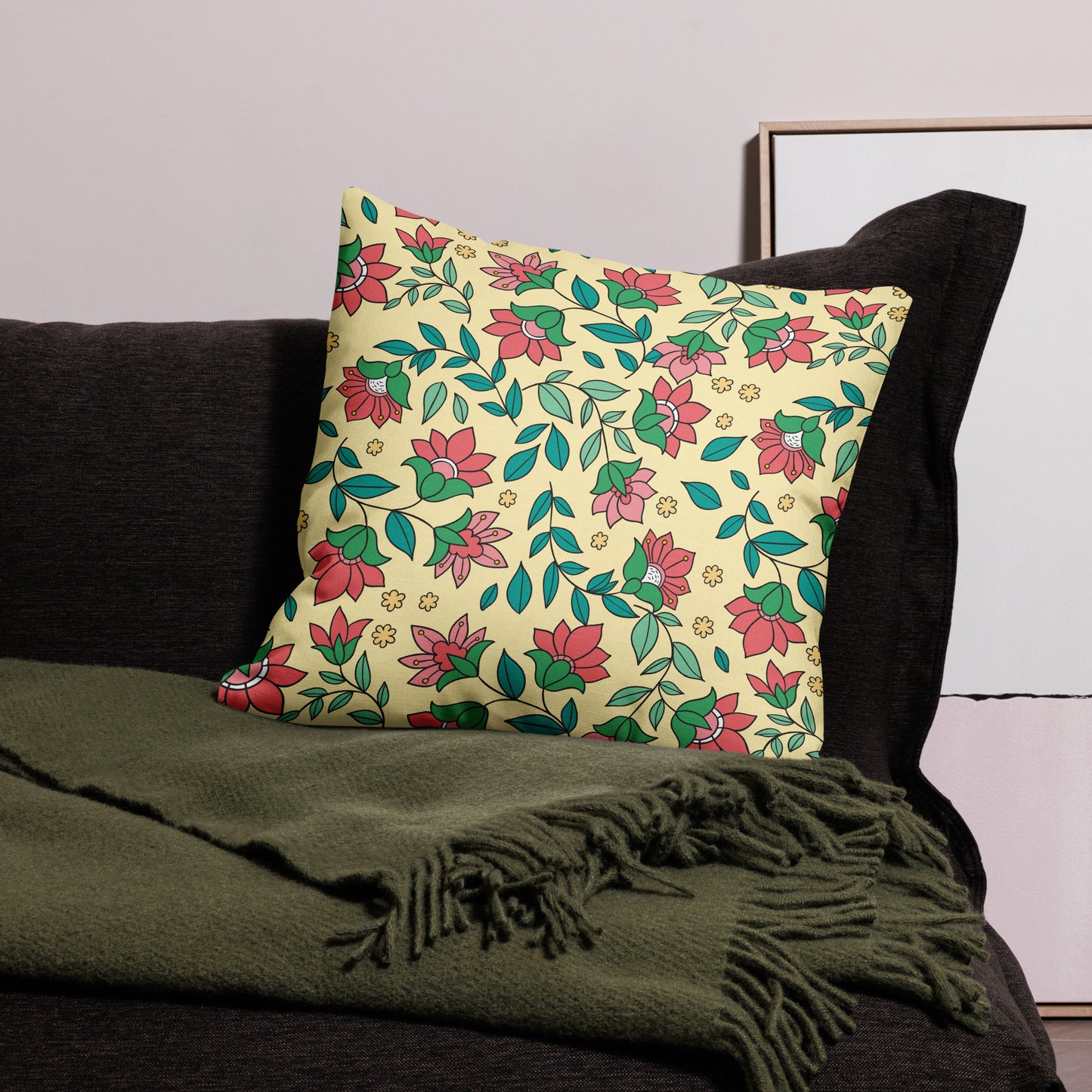 Elegant Flower And Leaves Decorative Pattern All-Over Print Premium Pillow