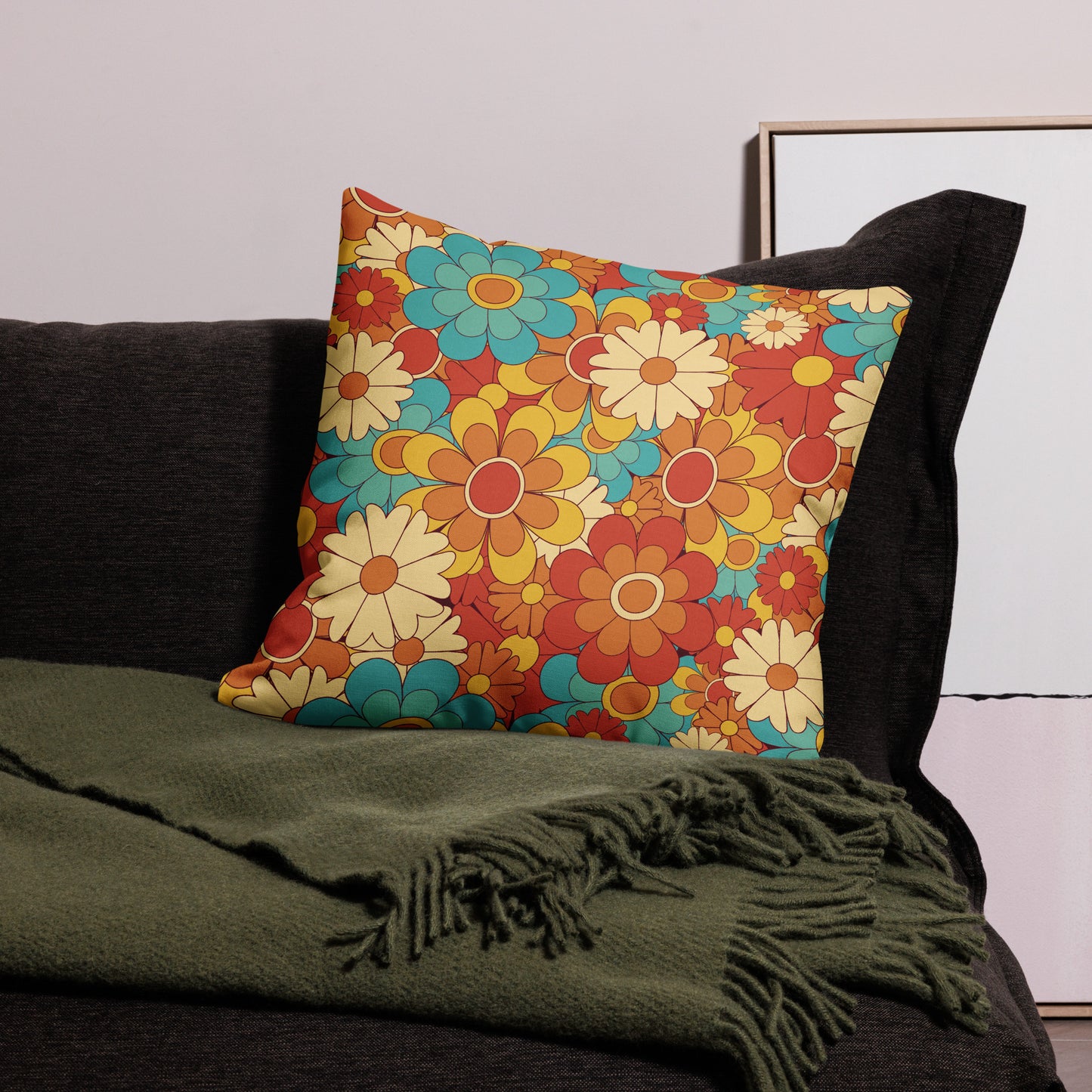 Vintage Retro Colors Groovy Floral Pattern All-Over Print Premium Pillow