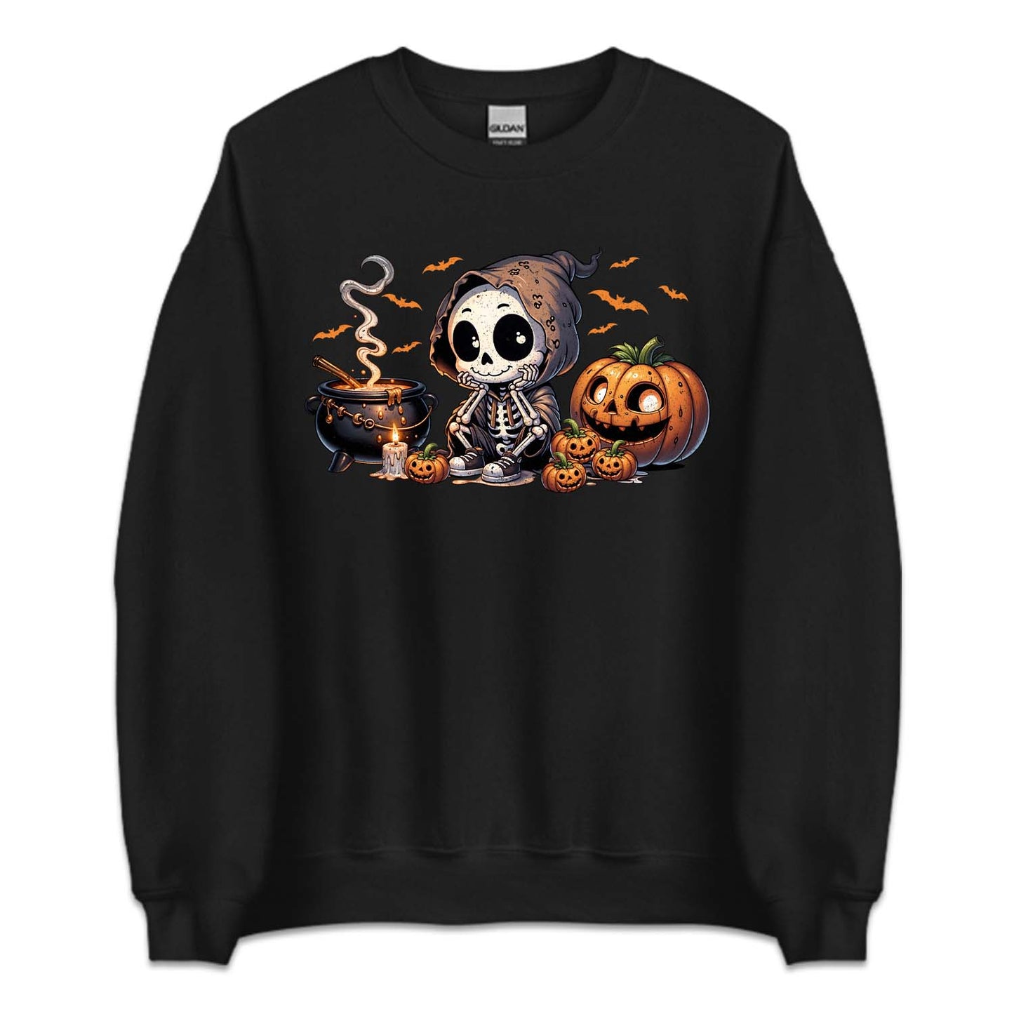 Halloween Cartoon Skeleton Cauldron & Pumpkins Spooky Flying Bats | PRODUCT CODE: HLWCRTOSKL