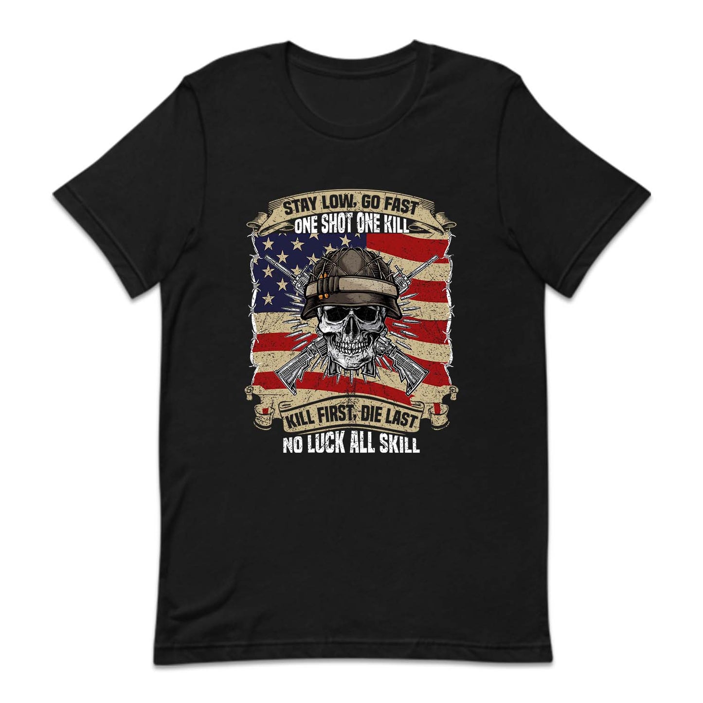 Stay Low Go Fast, One Shot One Kill USA Military Soldier Skull | PRODUCT CODE: MLTSKLVTRNDY