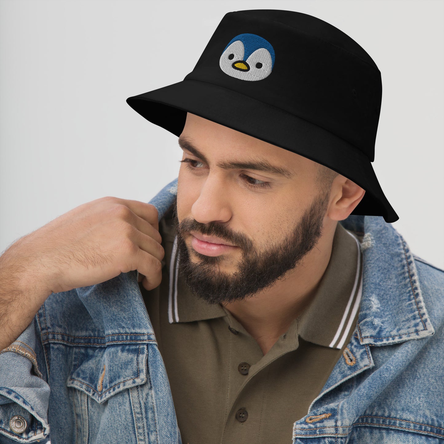 Baby Penguin Bucket Hat, Embroidered Aquatic Animal Bucket Hat, Handmade Flightless Birds Unisex Cotton Sun Hat
