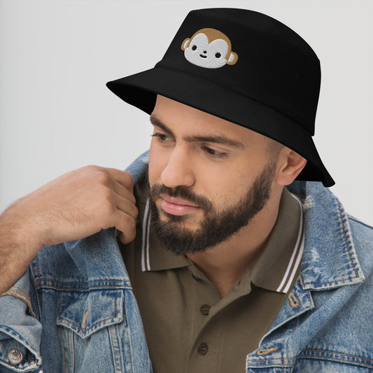 Brown Monkey Bucket Hat, Embroidered Wild Animal Bucket Hat, Handmade Cartoon Monkey Unisex Cotton Sun Hat