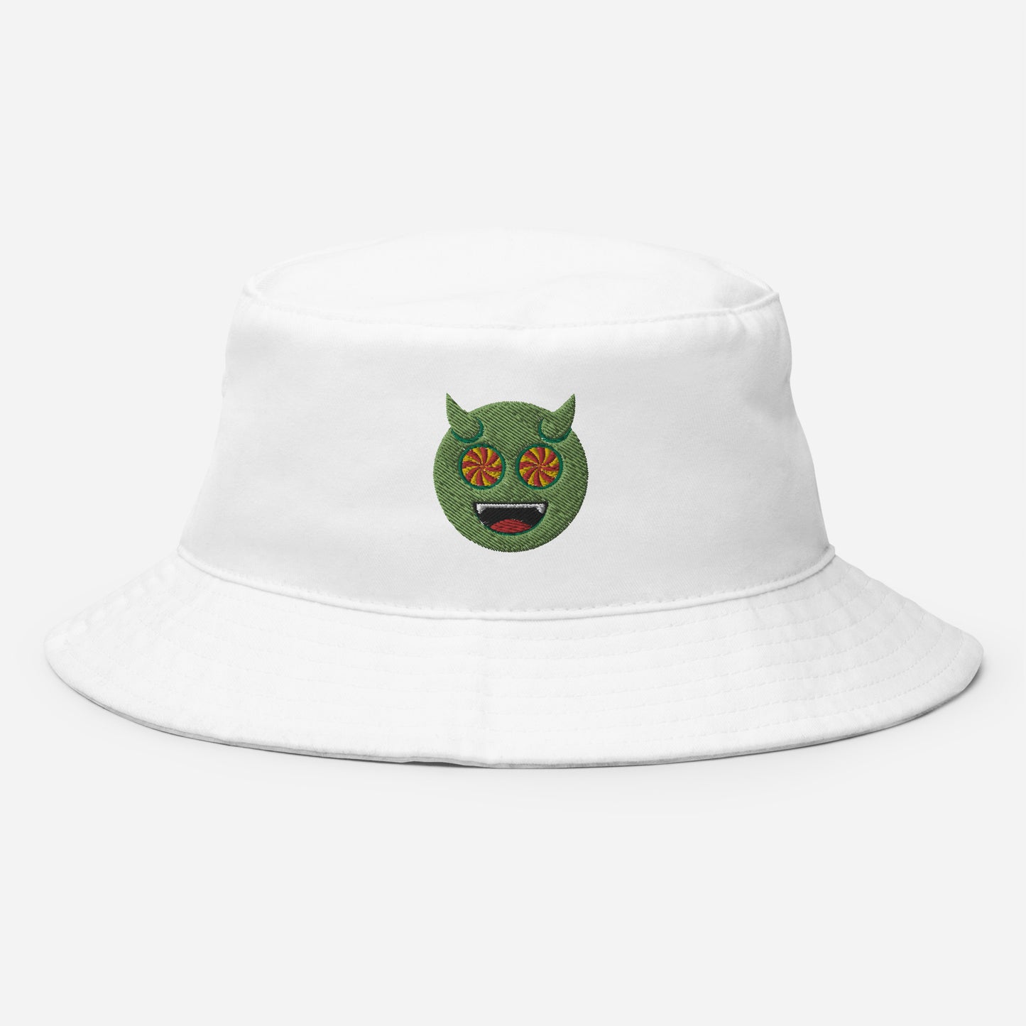 Halloween Green Evil Bucket Hat, Embroidered Evil Mouth Bucket Hat, Handmade Scary Emoji Unisex Cotton Sun Hat