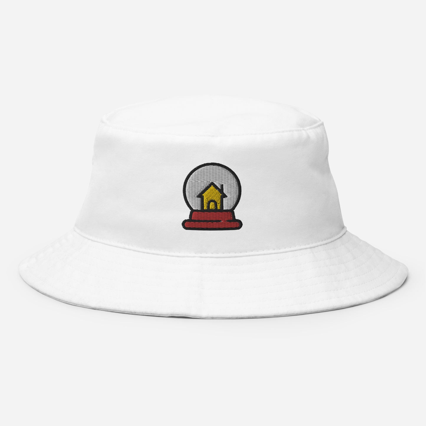 Snow Globe House Bucket Hat, Embroidered Christmas Bucket Hat, Handmade Xmas Festive Unisex Cotton Sun Hat