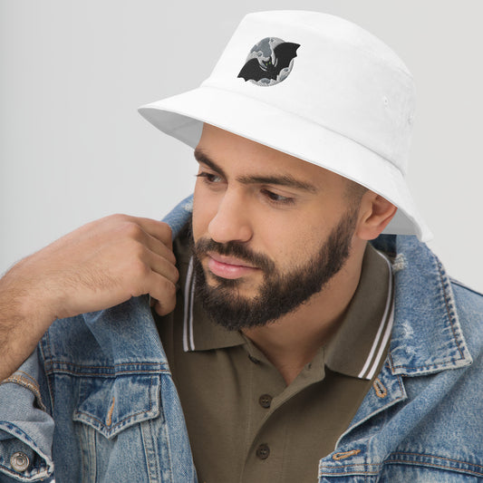 Halloween Bat & Moon Bucket Hat, Embroidered Flying Bat Bucket Hat, Handmade Spooky Season Unisex Cotton Sun Hat