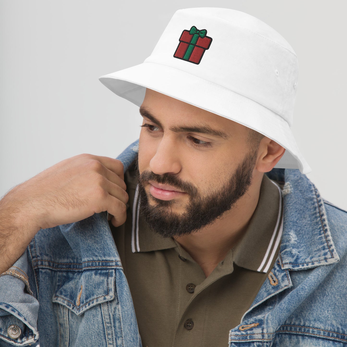 Christmas Gift Box Bucket Hat, Embroidered Christmas Bucket Hat, Handmade Xmas Festive Celebration Unisex Cotton Sun Hat