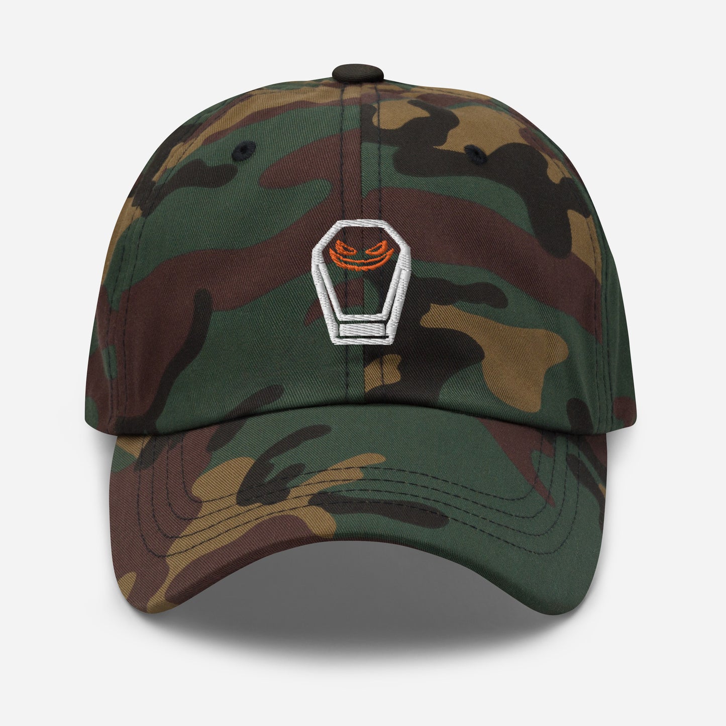 Halloween Coffin Dad Hat, Embroidered Evil Face Unisex Hat, Handmade Dad Cap, Spooky Season Adjustable Baseball Gift Cap