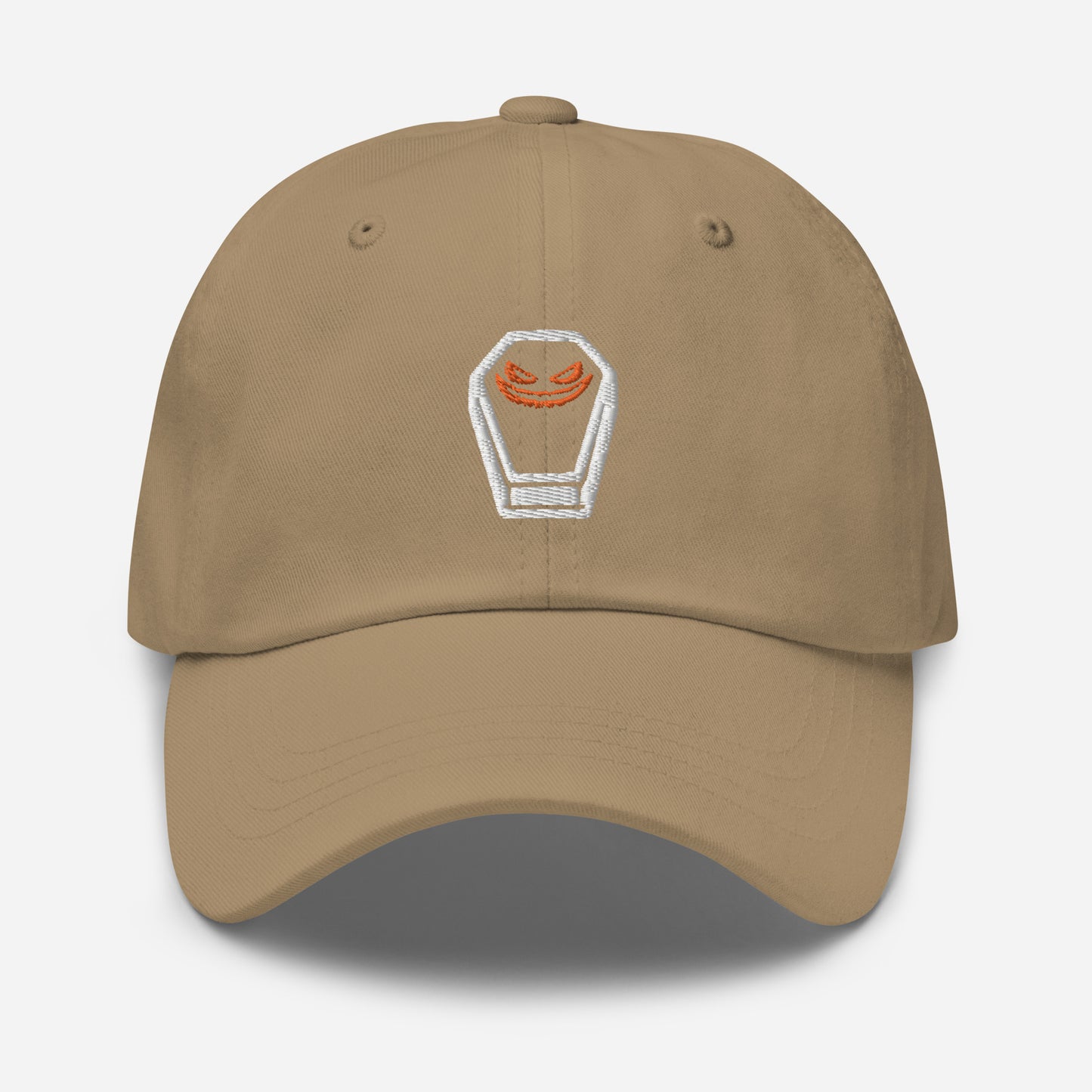 Halloween Coffin Dad Hat, Embroidered Evil Face Unisex Hat, Handmade Dad Cap, Spooky Season Adjustable Baseball Gift Cap