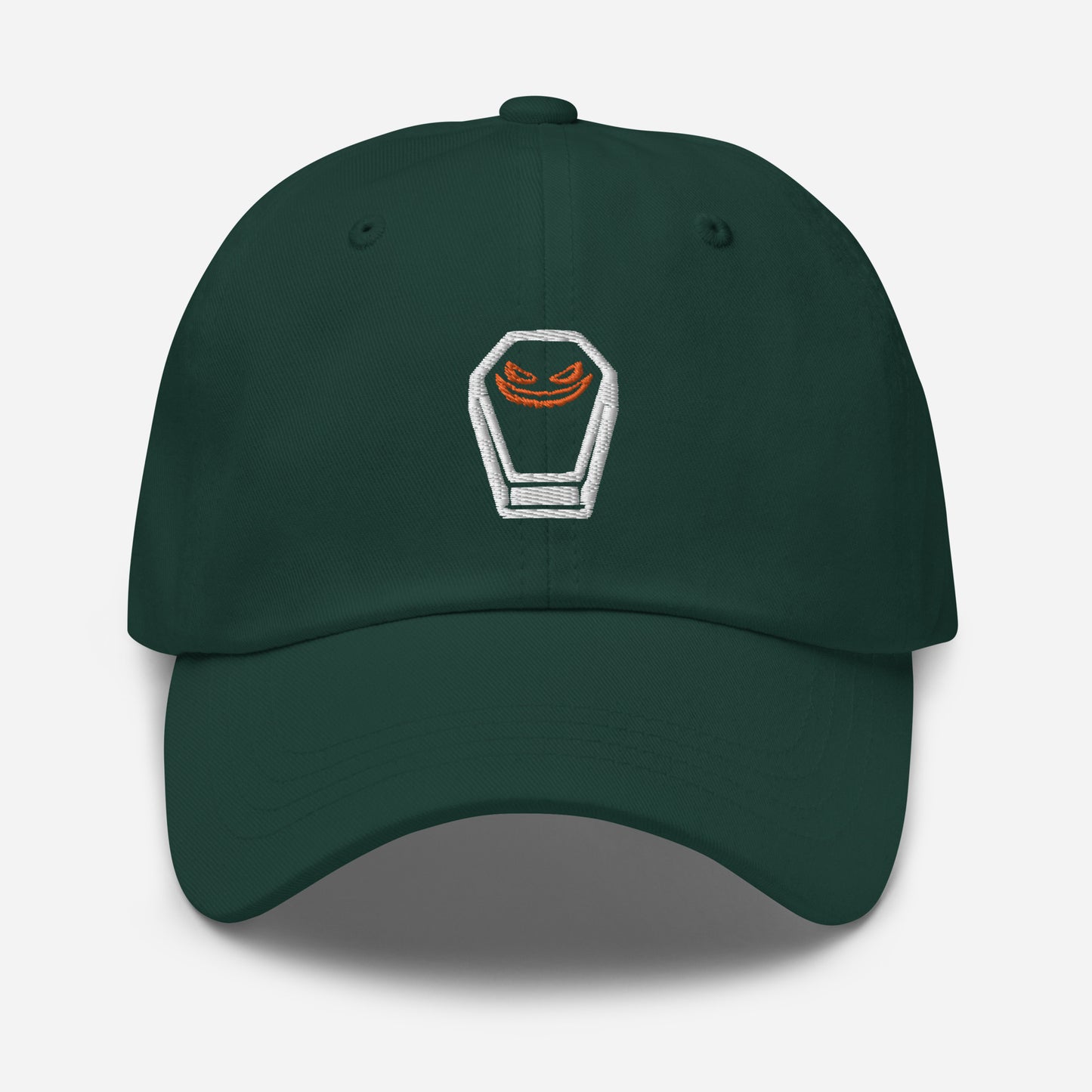 Halloween Coffin Dad Hat, Embroidered Evil Face Unisex Hat, Handmade Dad Cap, Spooky Season Adjustable Baseball Gift Cap