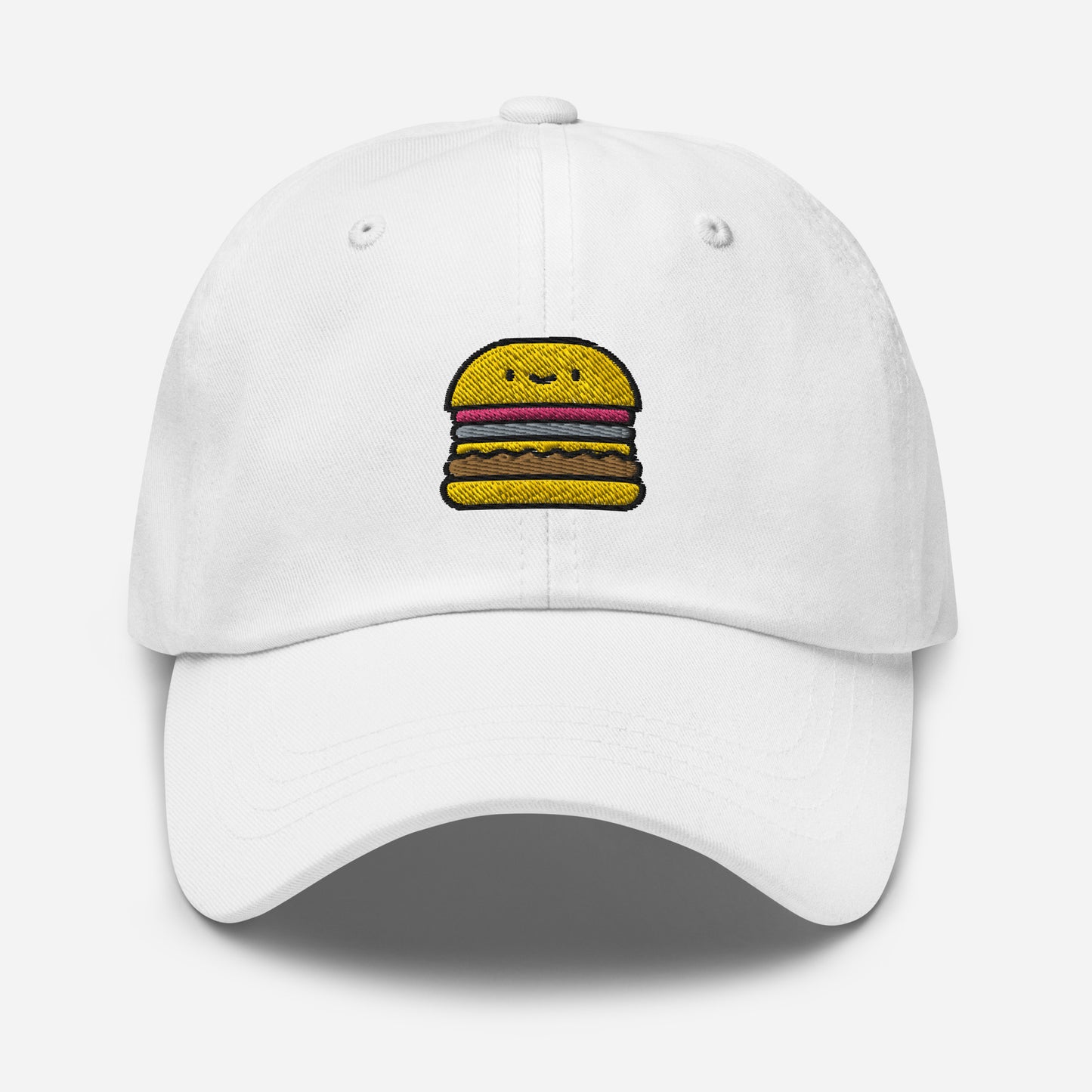 Burger Dad Hat, Embroidered Hamburger Foodie Unisex Hat, Handmade Dad Cap, Fast Food Adjustable Baseball Gift Cap