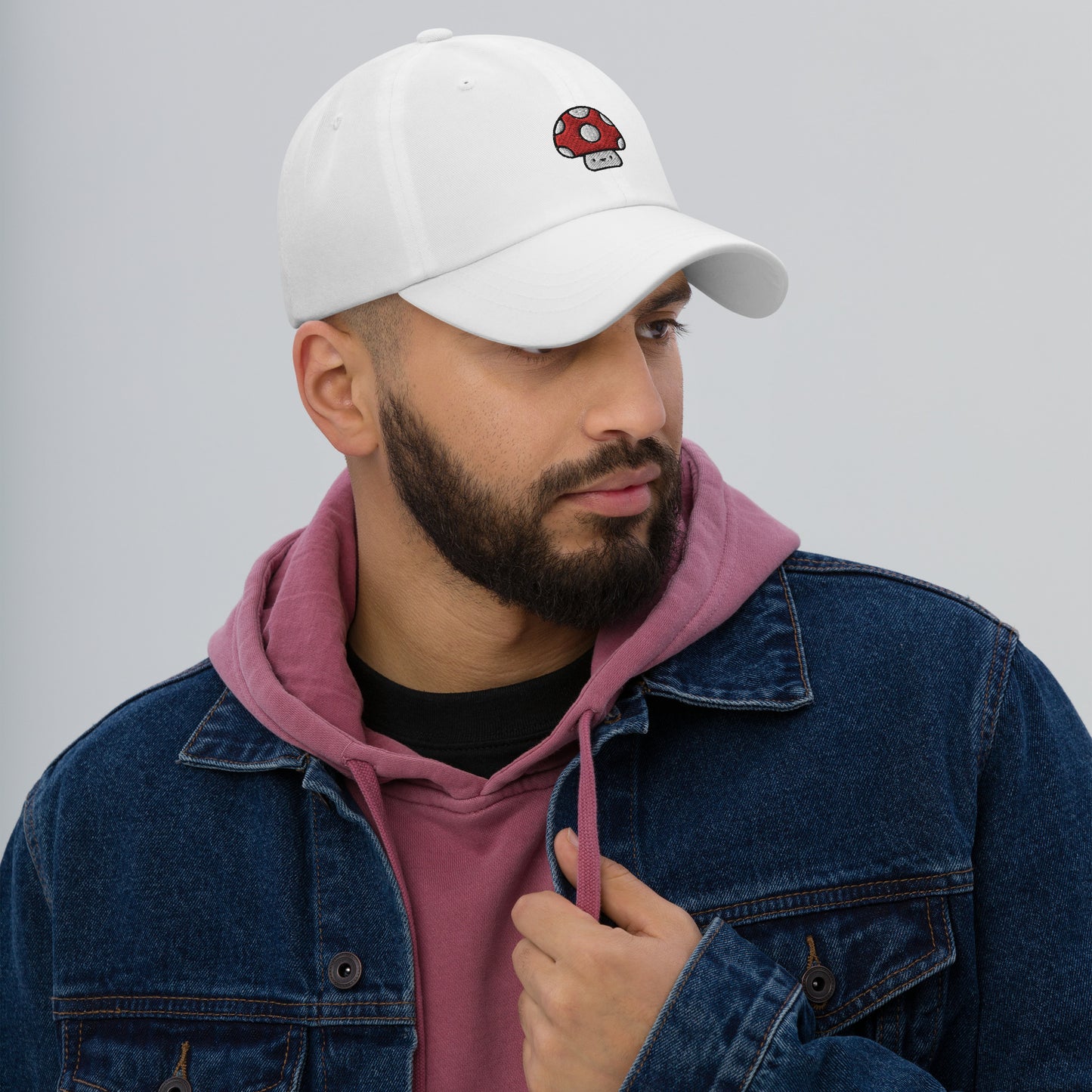 Mushroom Dad Hat, Embroidered Toadstool Unisex Hat, Handmade Dad Cap, Smiley Mushroom Adjustable Baseball Gift Cap
