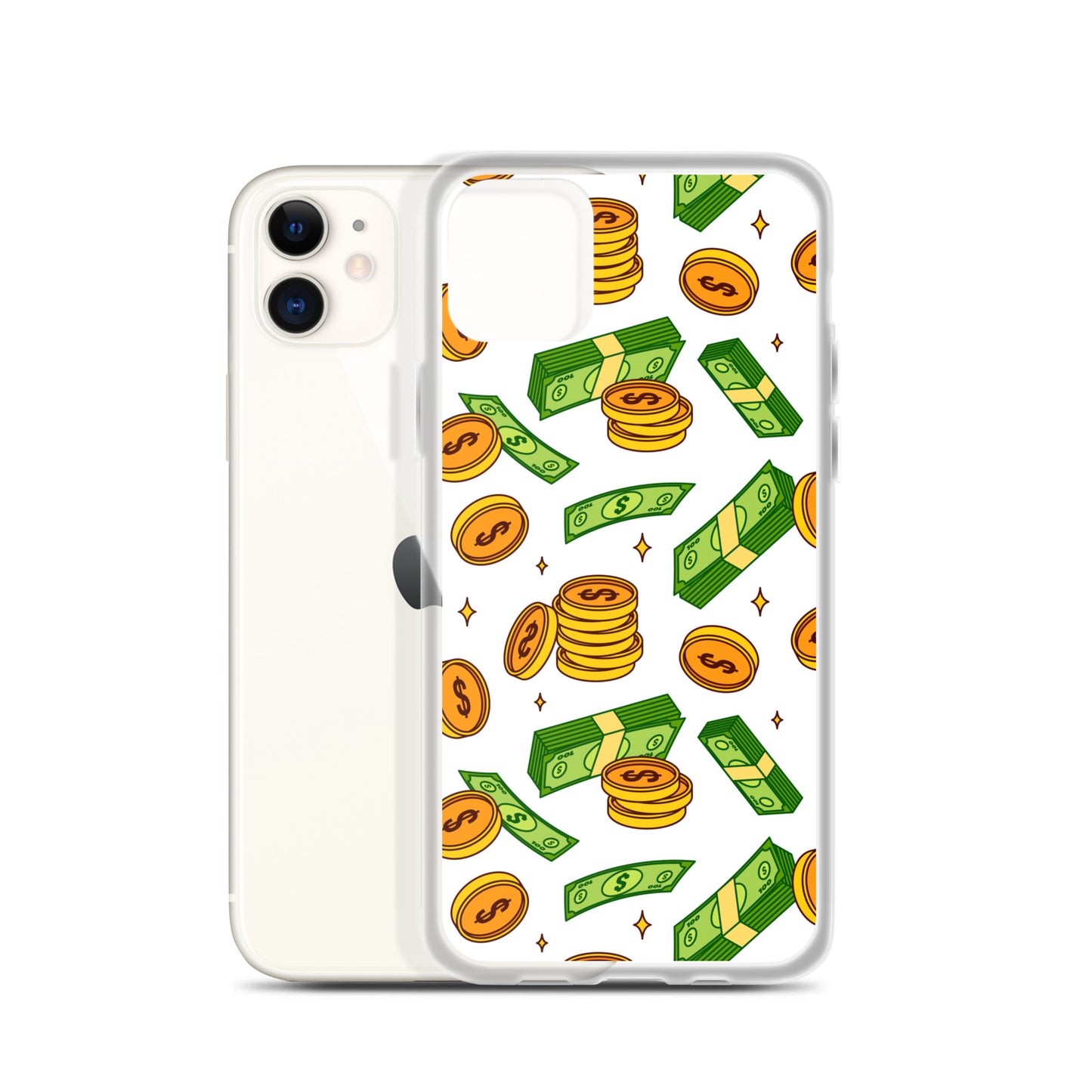 Money Rain Green Dollar Banknotes And Gold Coins Falling Down Pattern Clear Case for iPhone®