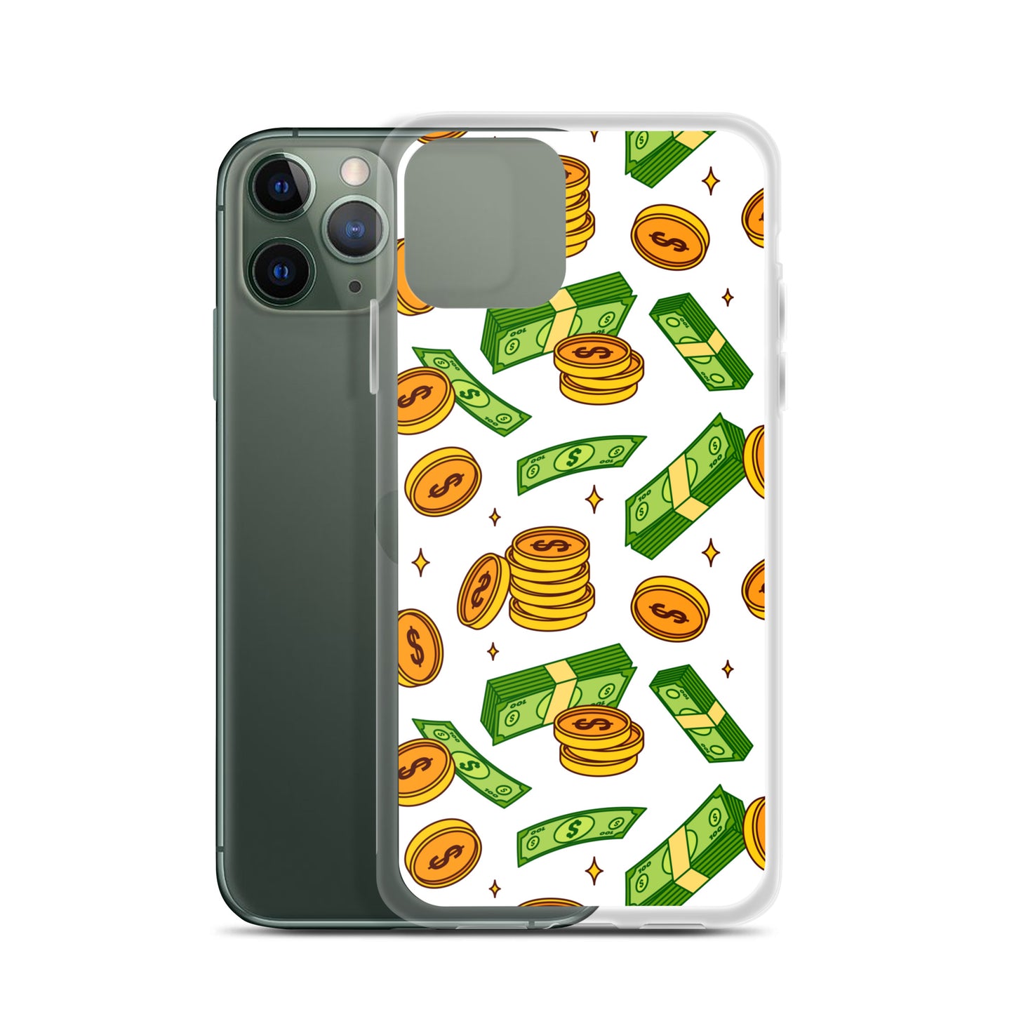 Money Rain Green Dollar Banknotes And Gold Coins Falling Down Pattern Clear Case for iPhone®