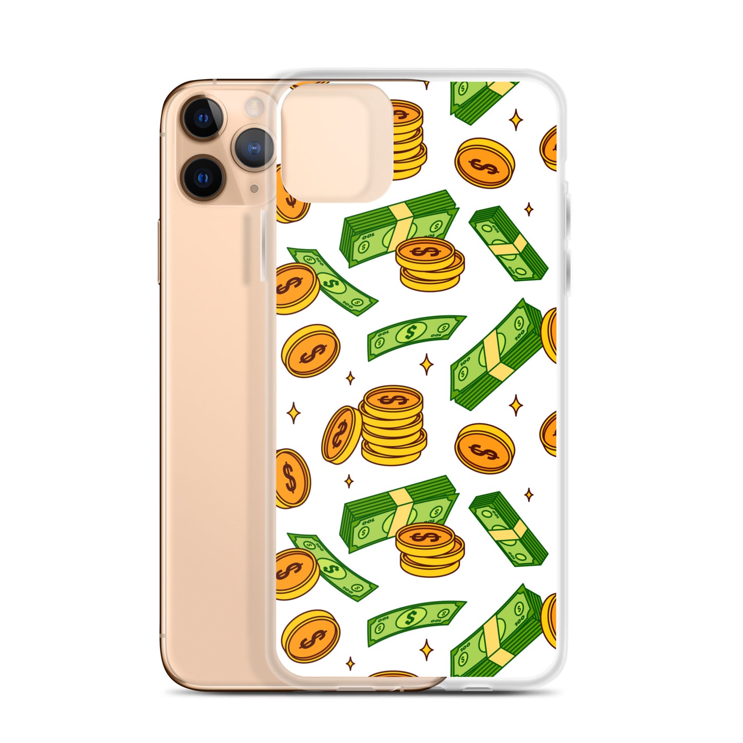Money Rain Green Dollar Banknotes And Gold Coins Falling Down Pattern Clear Case for iPhone®