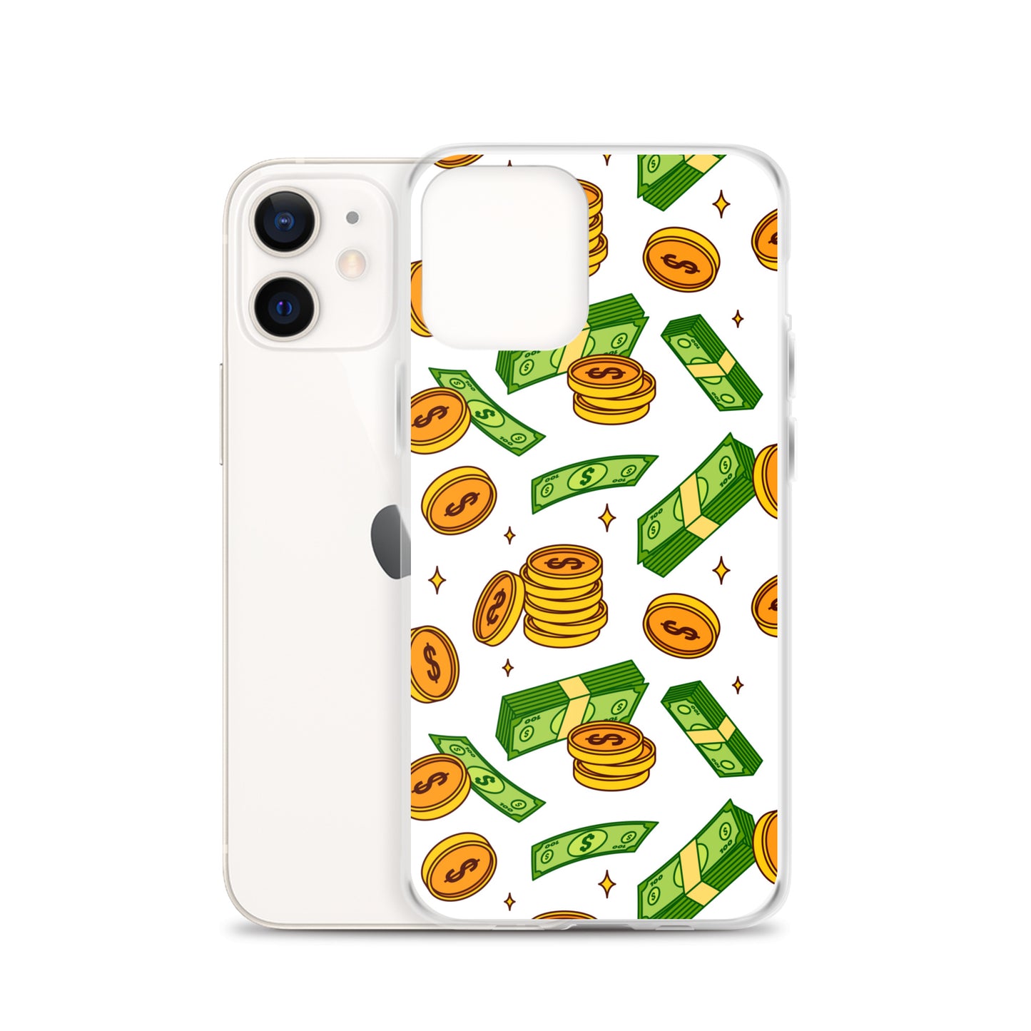 Money Rain Green Dollar Banknotes And Gold Coins Falling Down Pattern Clear Case for iPhone®