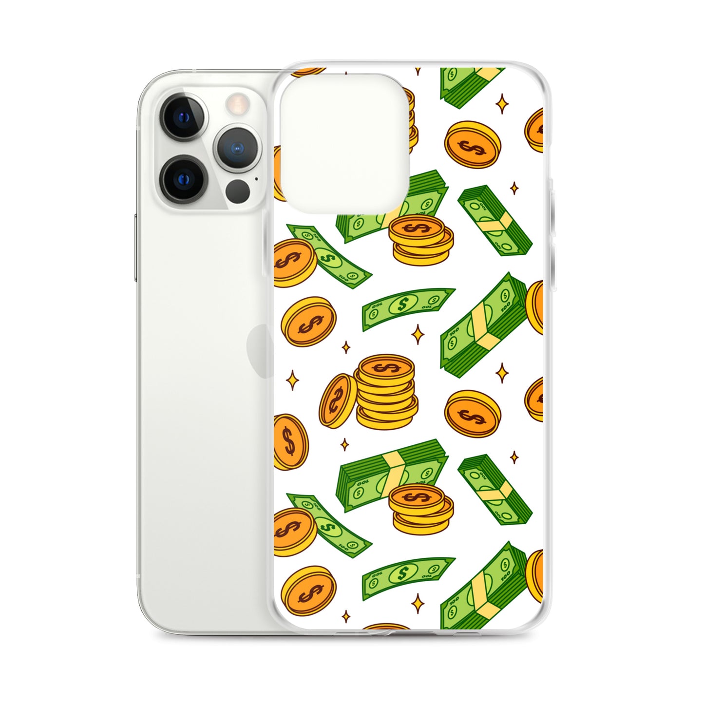 Money Rain Green Dollar Banknotes And Gold Coins Falling Down Pattern Clear Case for iPhone®