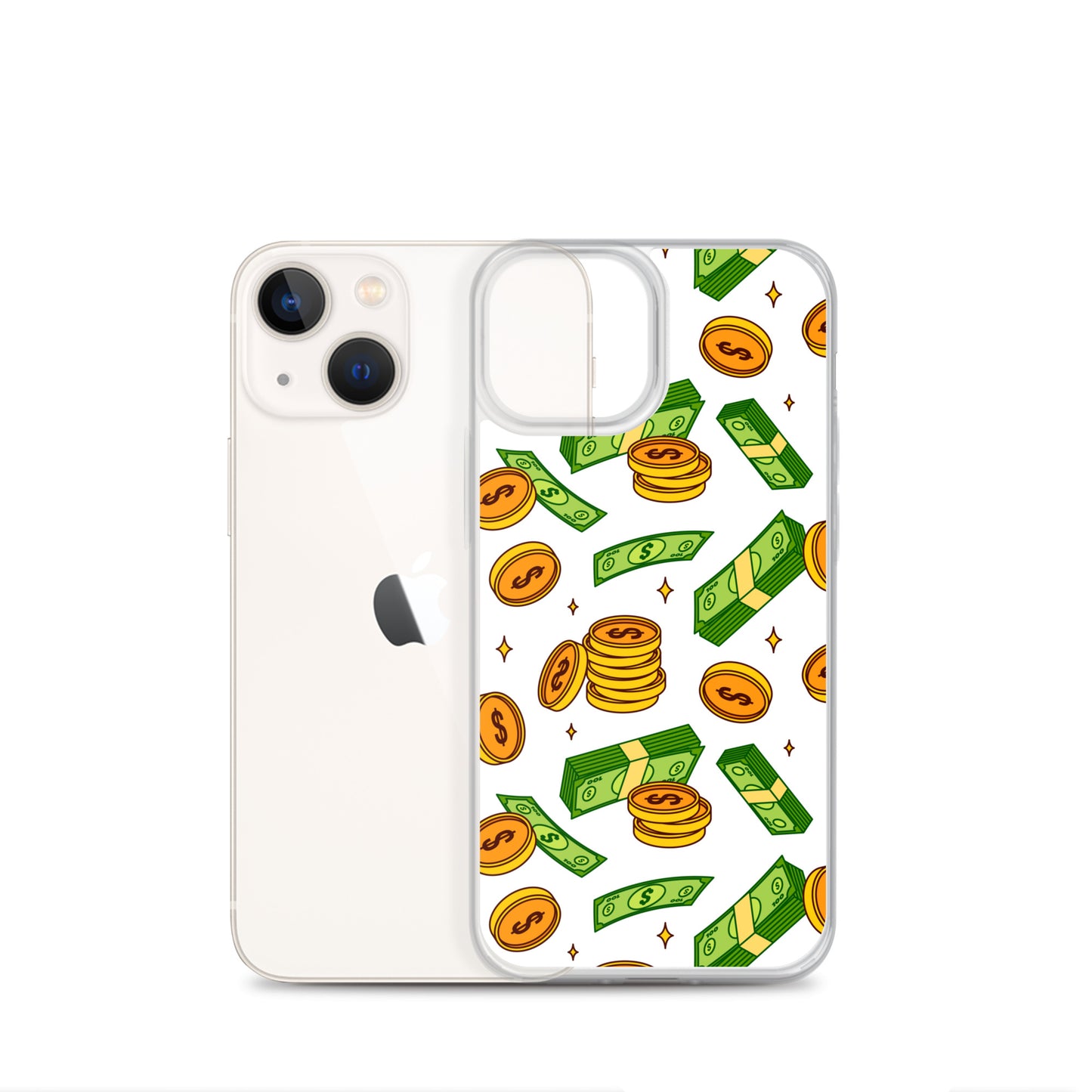 Money Rain Green Dollar Banknotes And Gold Coins Falling Down Pattern Clear Case for iPhone®