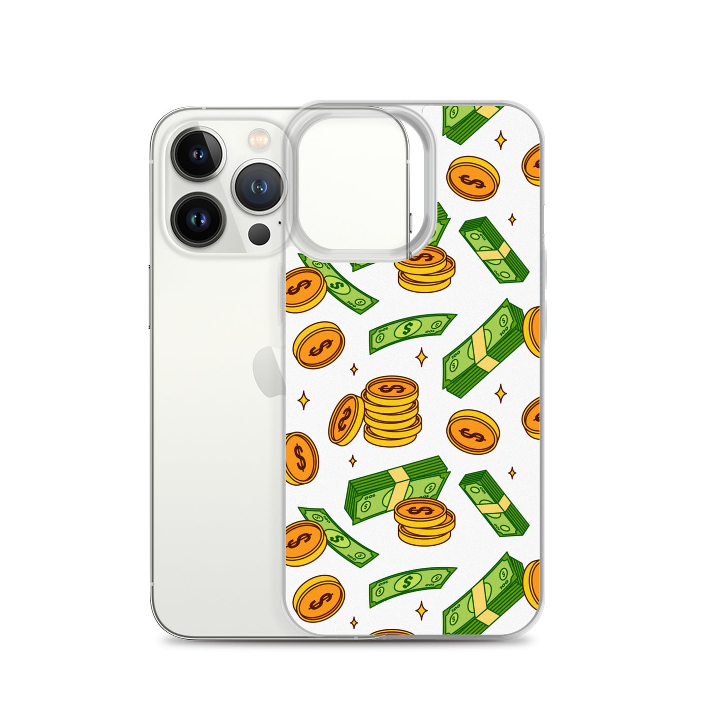 Money Rain Green Dollar Banknotes And Gold Coins Falling Down Pattern Clear Case for iPhone®
