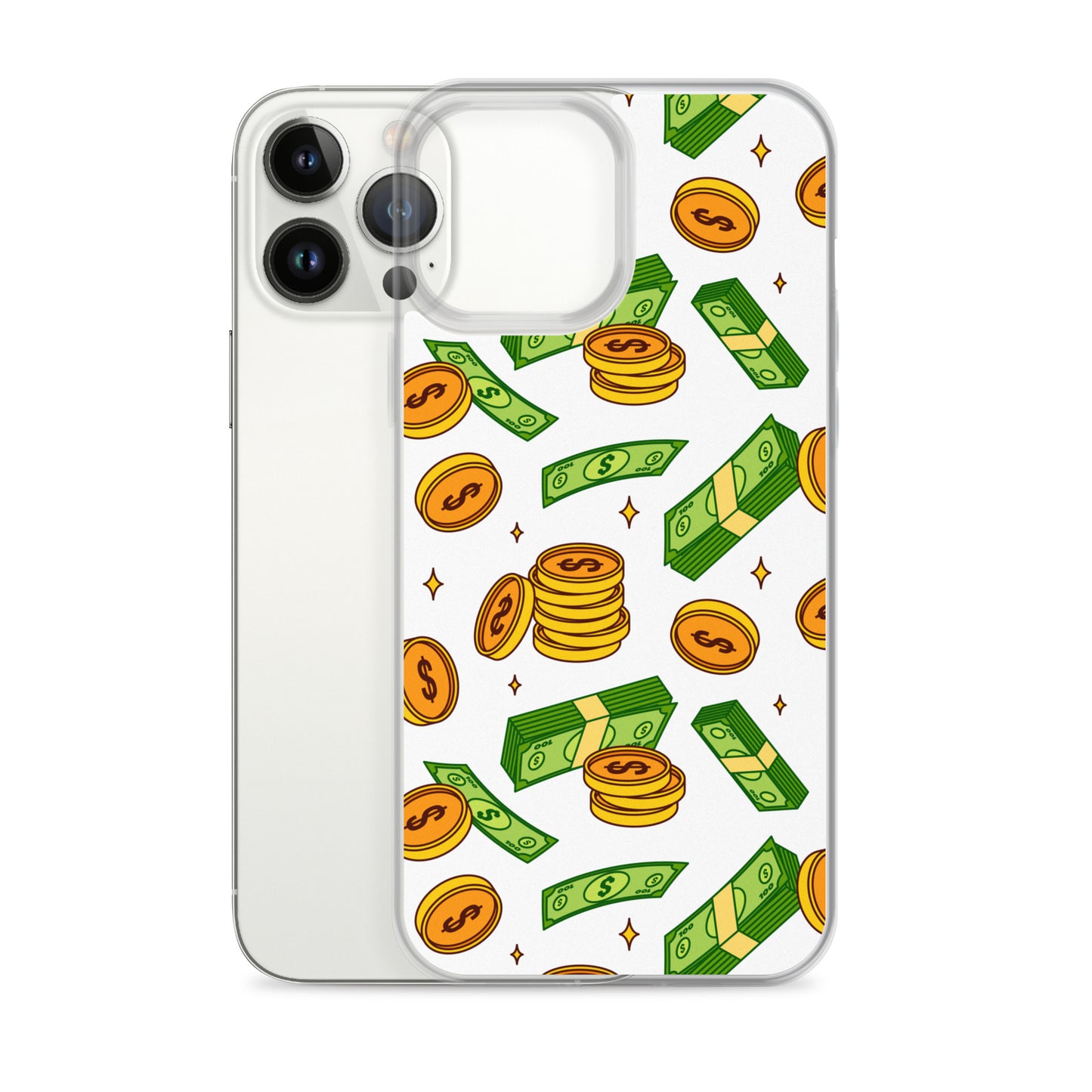 Money Rain Green Dollar Banknotes And Gold Coins Falling Down Pattern Clear Case for iPhone®