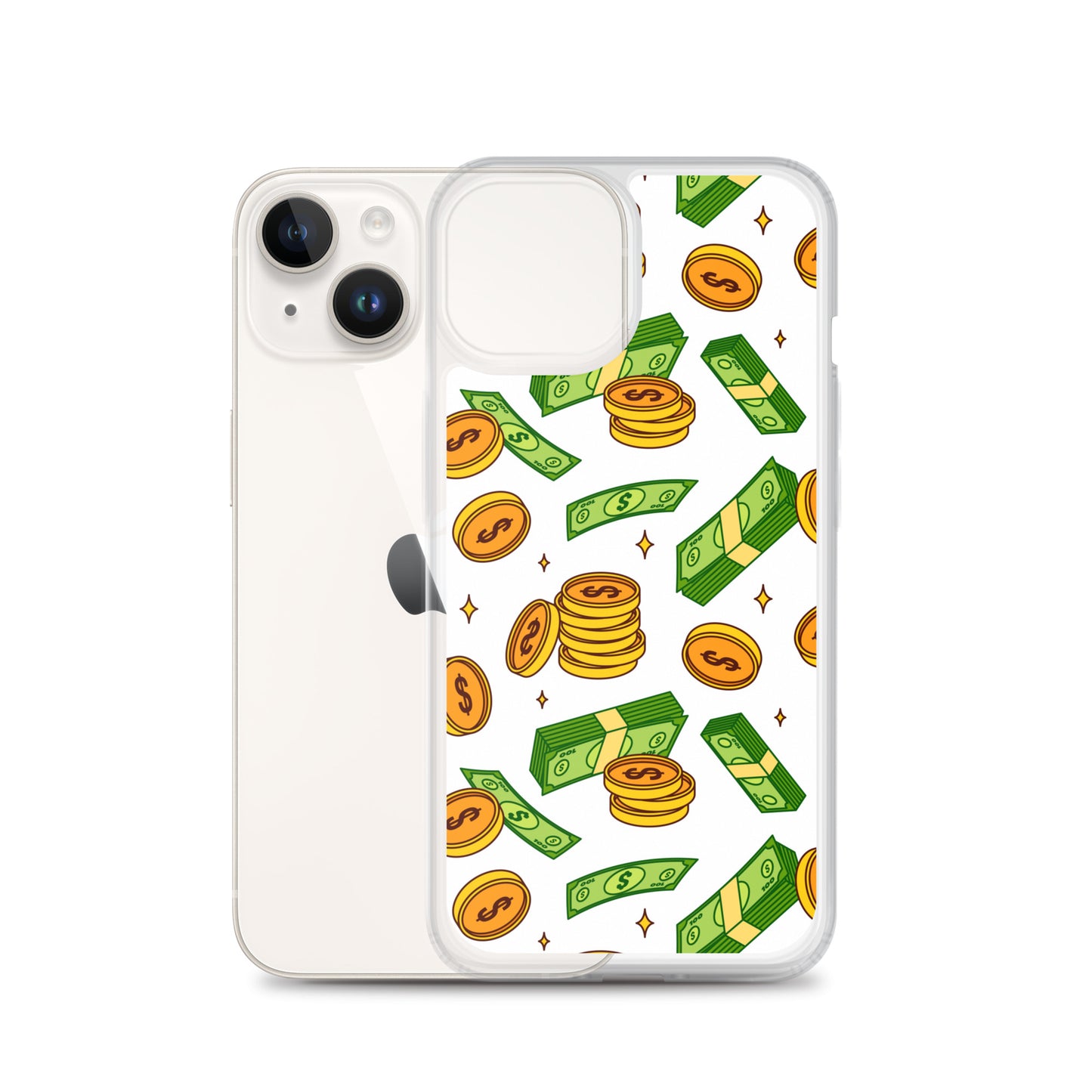 Money Rain Green Dollar Banknotes And Gold Coins Falling Down Pattern Clear Case for iPhone®