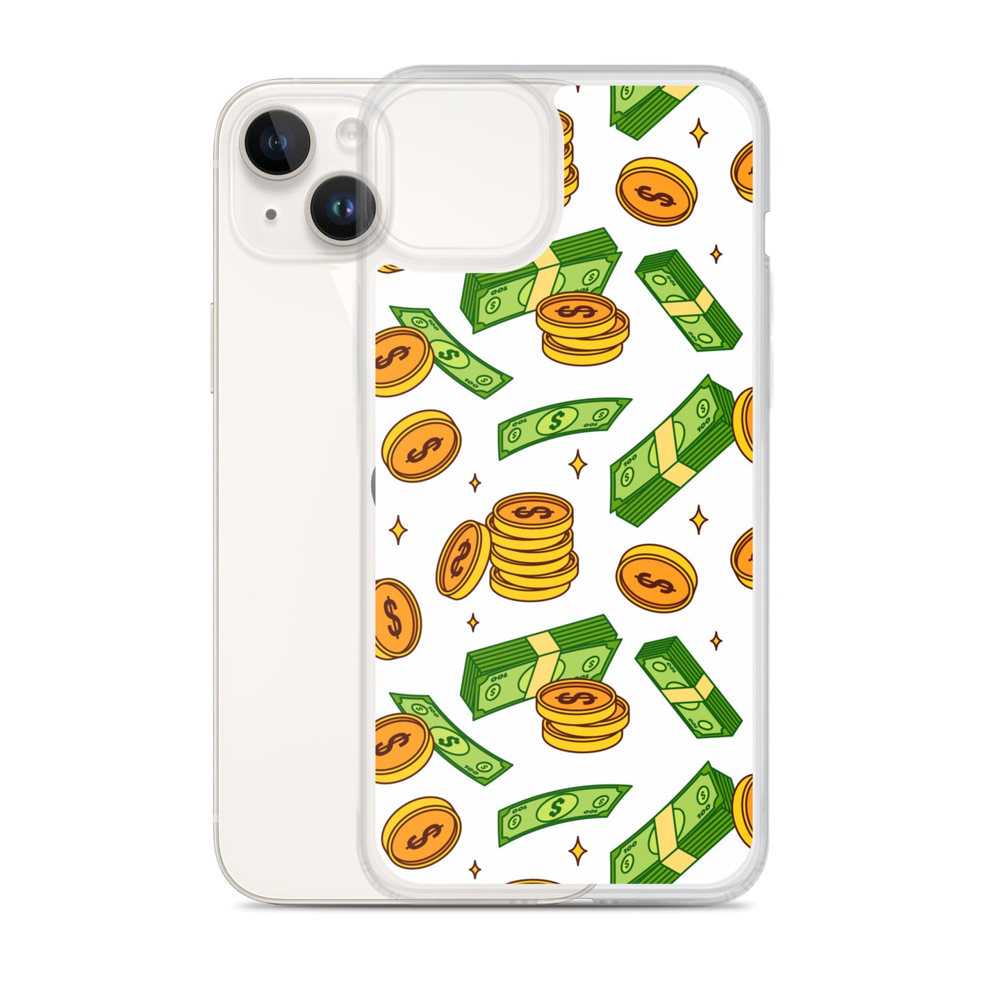 Money Rain Green Dollar Banknotes And Gold Coins Falling Down Pattern Clear Case for iPhone®