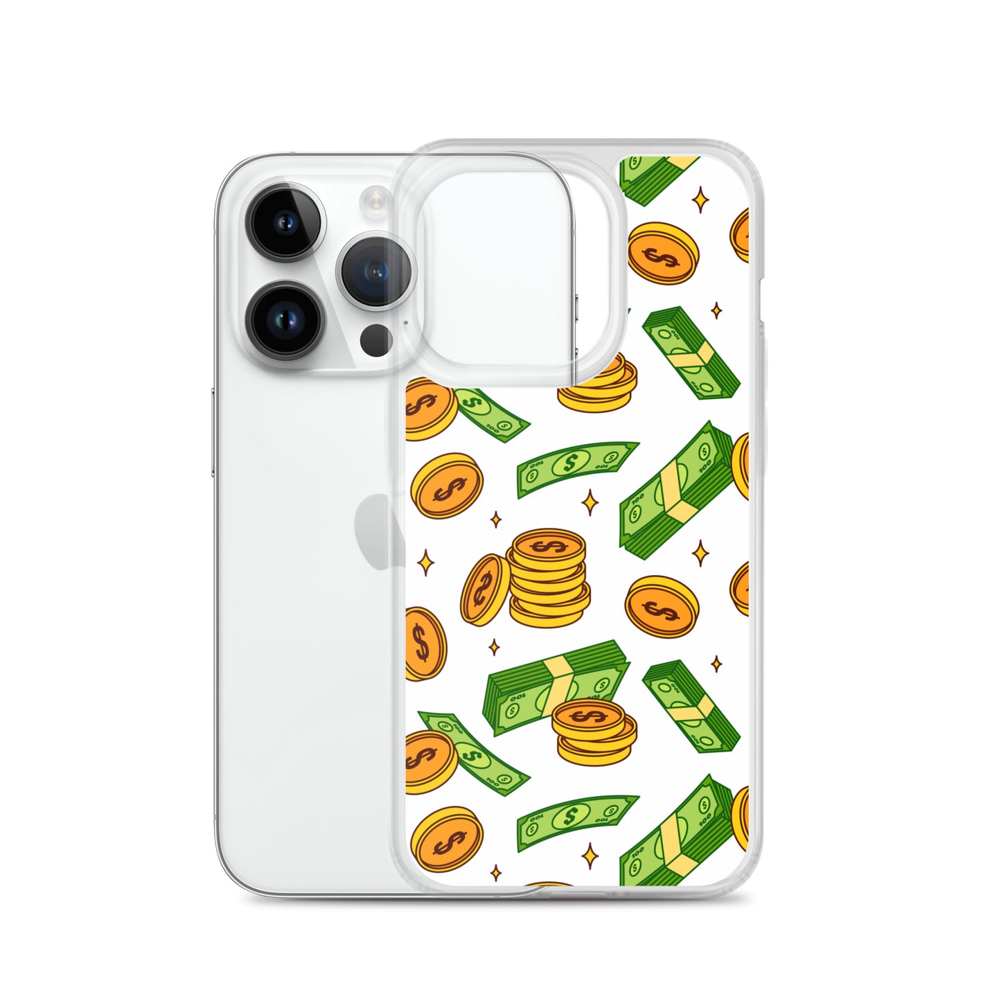 Money Rain Green Dollar Banknotes And Gold Coins Falling Down Pattern Clear Case for iPhone®