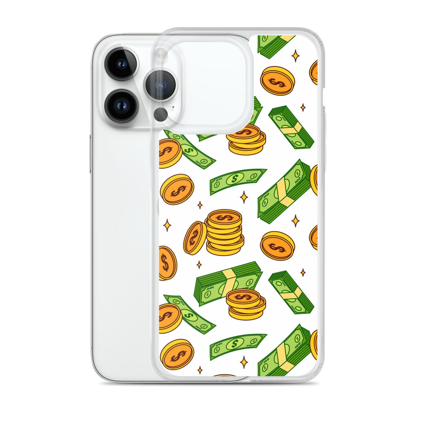 Money Rain Green Dollar Banknotes And Gold Coins Falling Down Pattern Clear Case for iPhone®