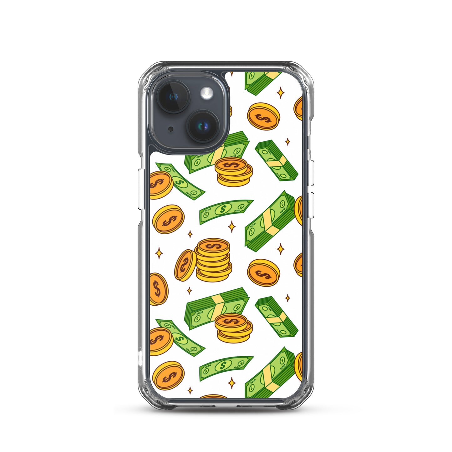 Money Rain Green Dollar Banknotes And Gold Coins Falling Down Pattern Clear Case for iPhone®