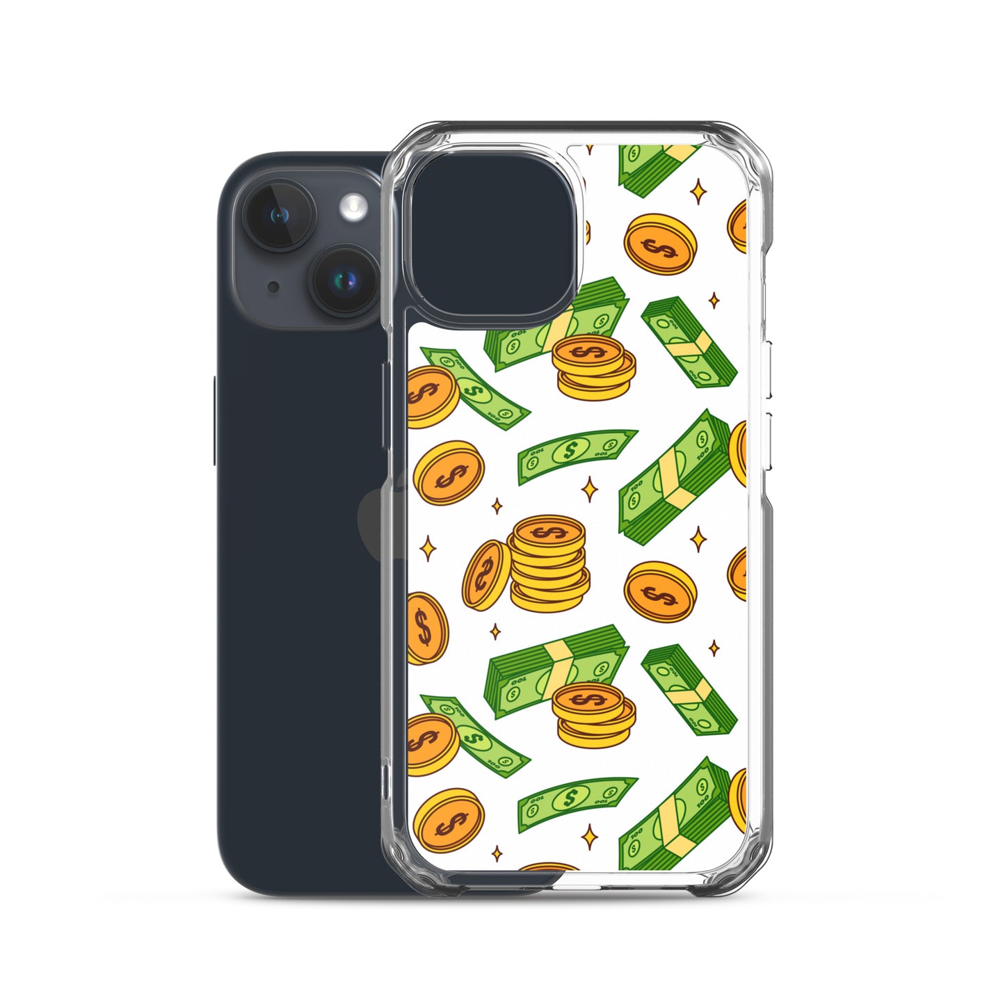 Money Rain Green Dollar Banknotes And Gold Coins Falling Down Pattern Clear Case for iPhone®