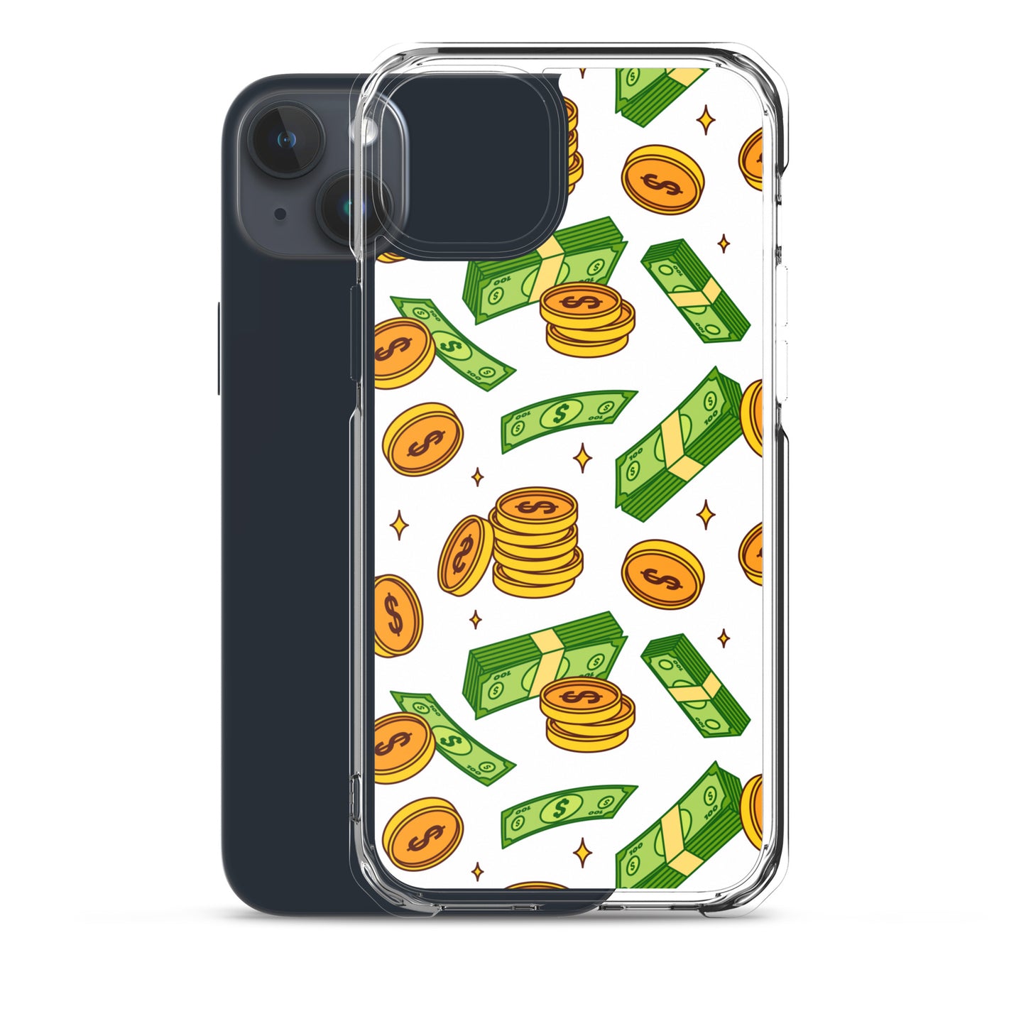 Money Rain Green Dollar Banknotes And Gold Coins Falling Down Pattern Clear Case for iPhone®