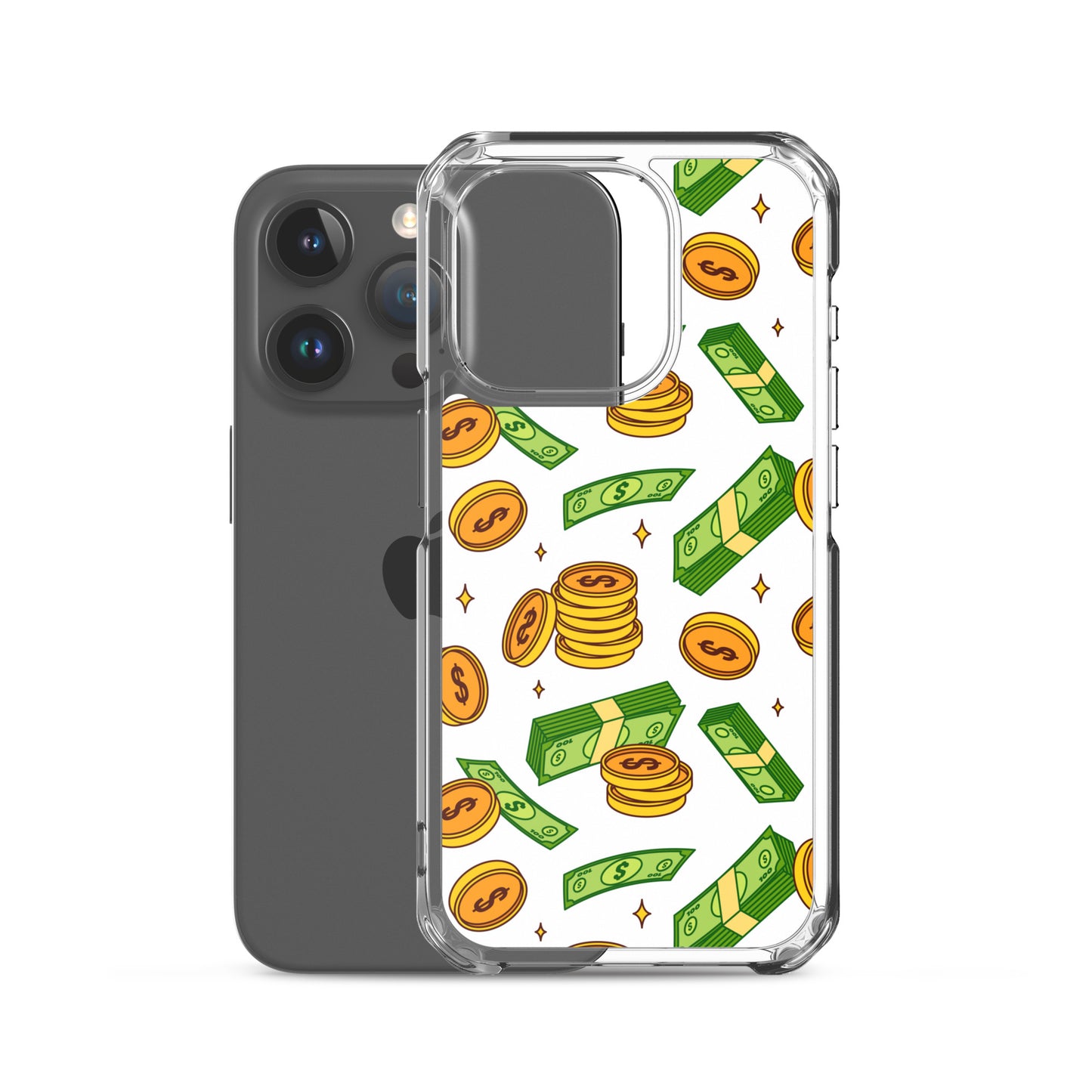 Money Rain Green Dollar Banknotes And Gold Coins Falling Down Pattern Clear Case for iPhone®