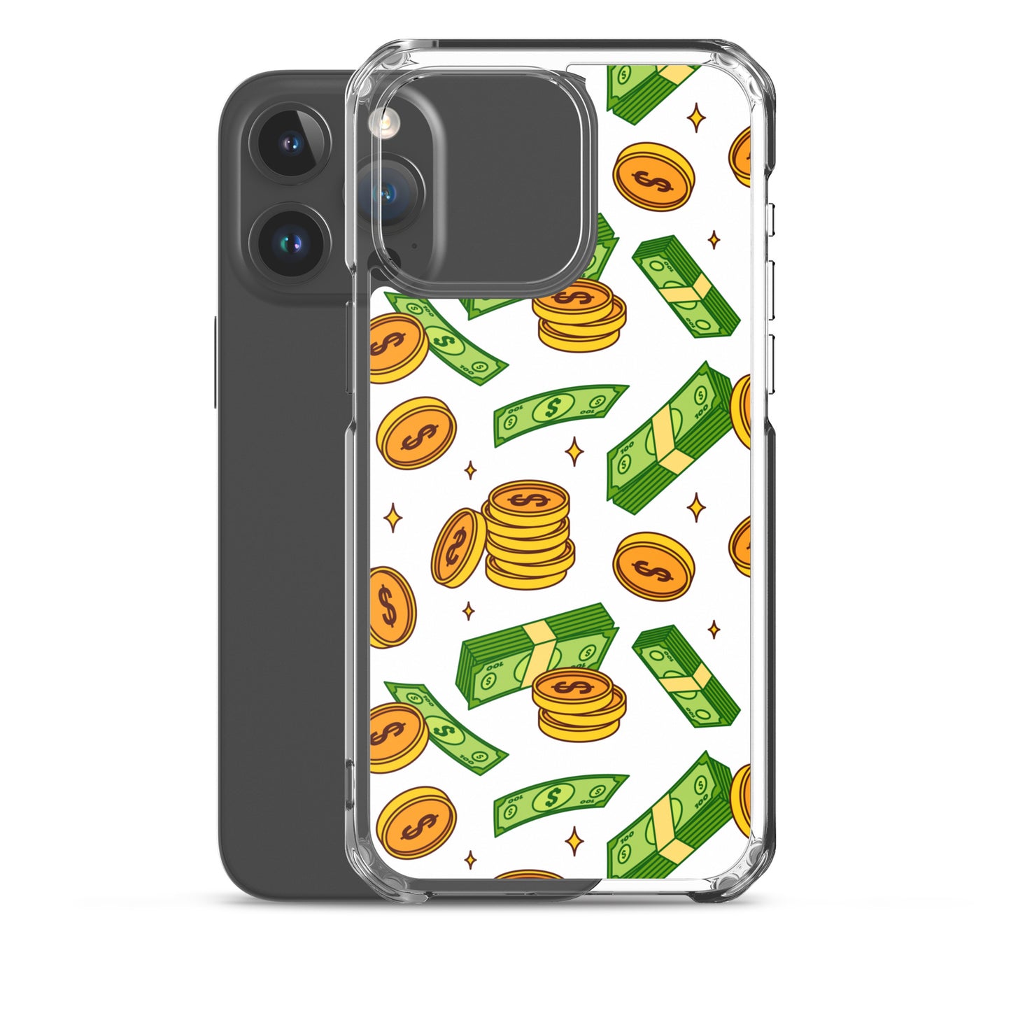 Money Rain Green Dollar Banknotes And Gold Coins Falling Down Pattern Clear Case for iPhone®
