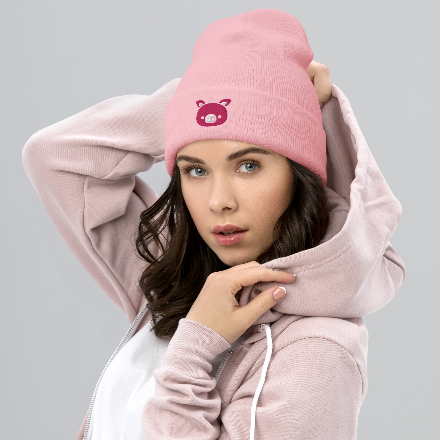 Pig Face Beanie Cap, Embroidered Farm Animal Cuffed Beanie, Handmade Unisex Slouchy Cartoon Pig Gift Hat Cap