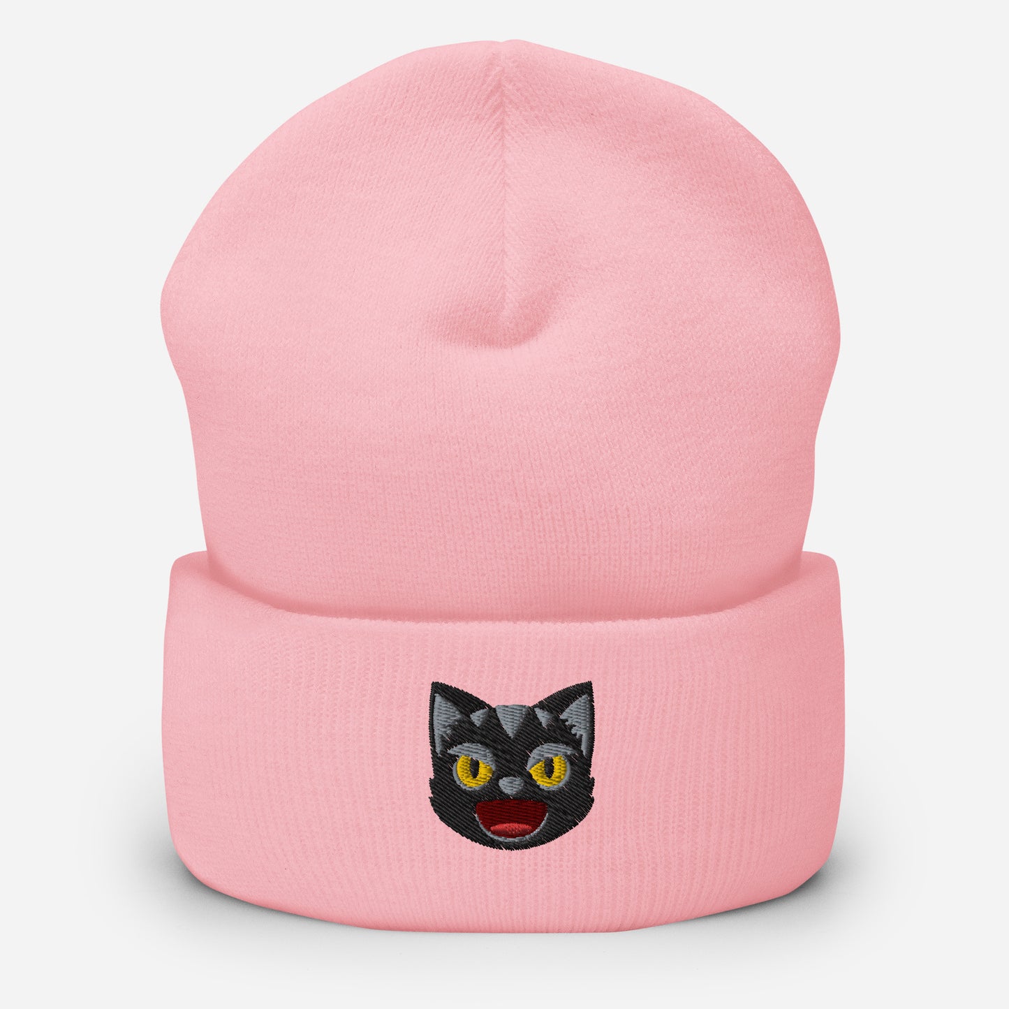 Halloween Black Cat Beanie Cap, Embroidered Spooky Cat Cuffed Beanie, Handmade Unisex Slouchy Angry Face Gift Hat Cap
