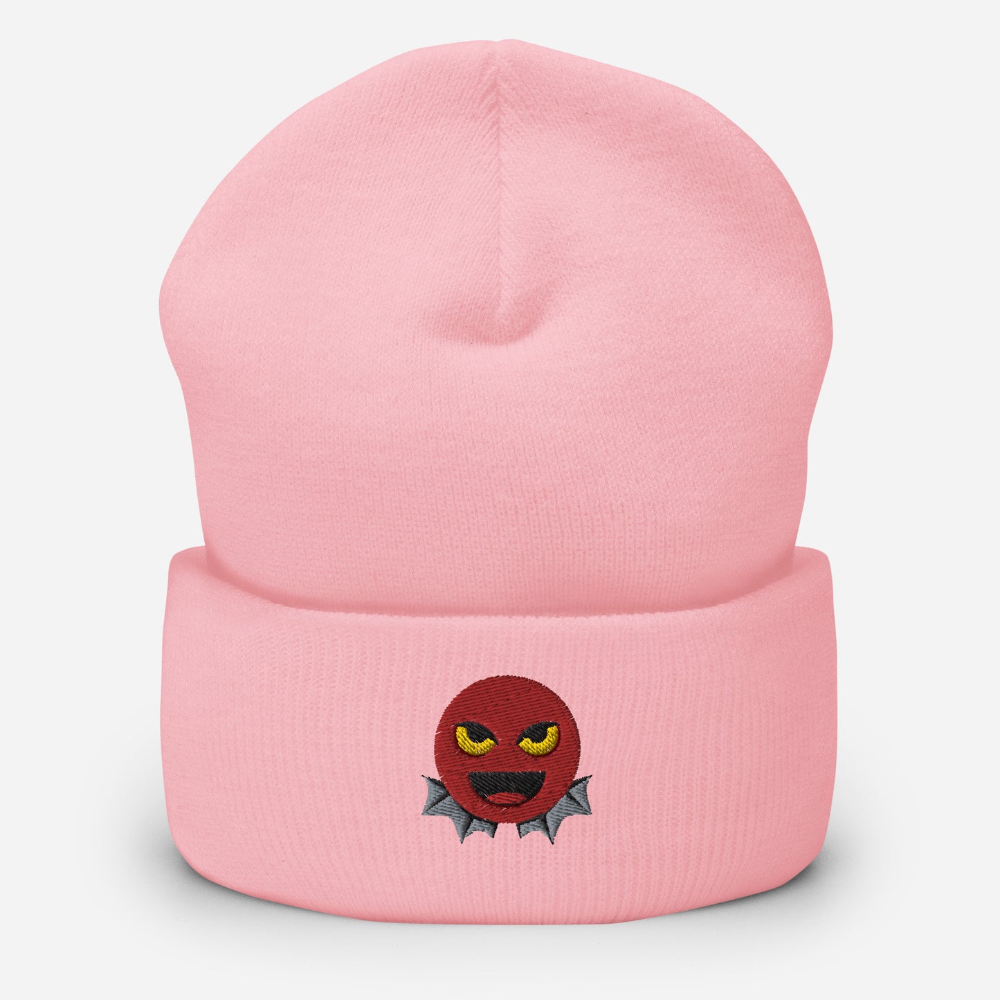 Halloween Devil Beanie Cap, Embroidered Evil Emoticon Cuffed Beanie, Handmade Unisex Slouchy Scary Emoji Gift Hat Cap