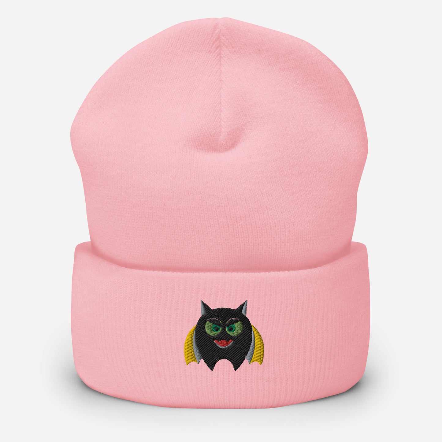 Halloween Bat Beanie Cap, Embroidered Flying Bat Cuffed Beanie, Handmade Unisex Slouchy Scary Smile Emoji Gift Hat Cap