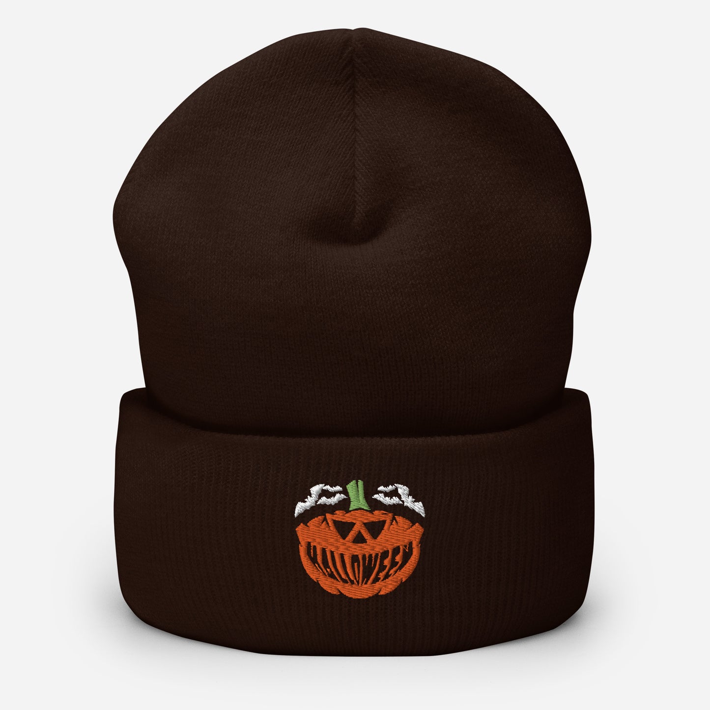 Halloween Smile Pumpkin Beanie Cap, Embroidered Flying Bats Cuffed Beanie, Handmade Unisex Slouchy Evil Smile Gift Hat Cap